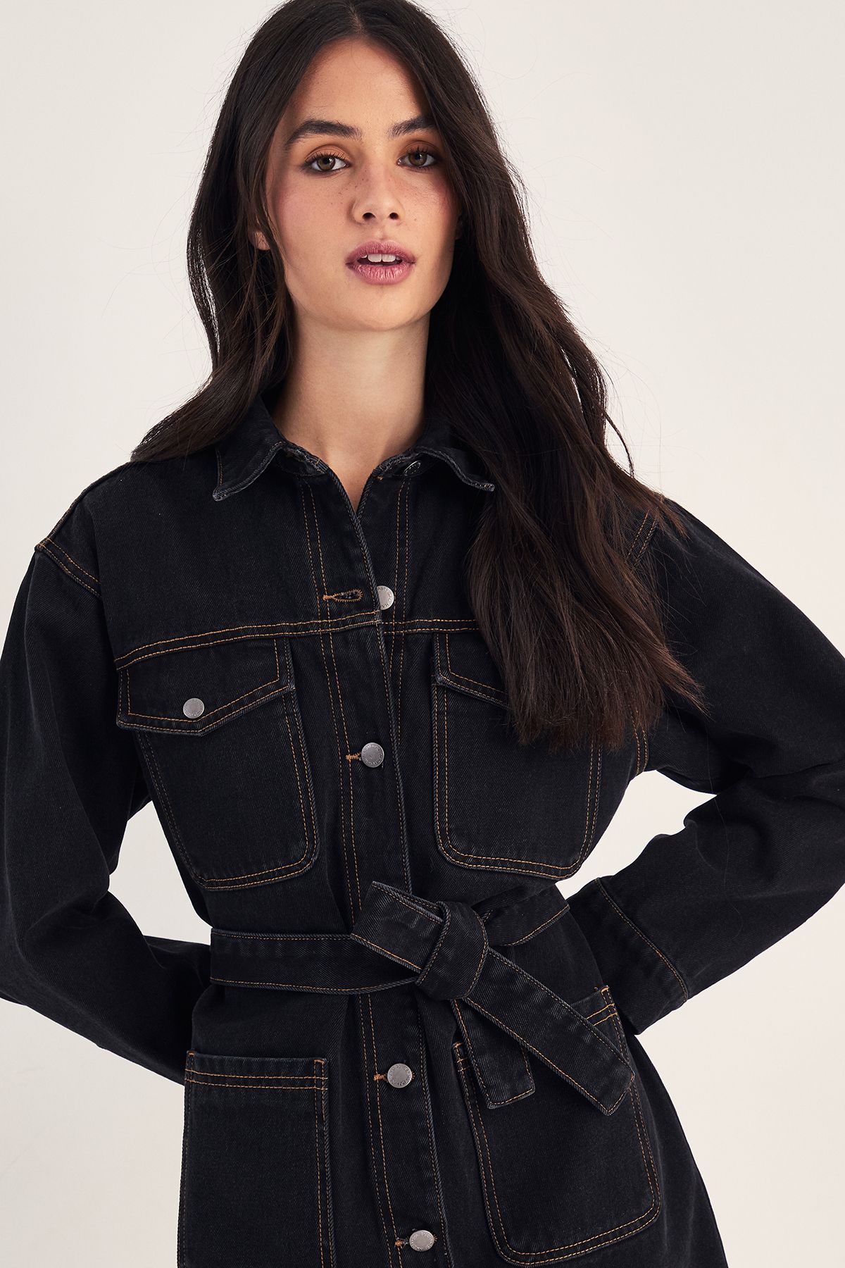 NastyGal The Utility Denim Shirt Dress Washed Black image 2