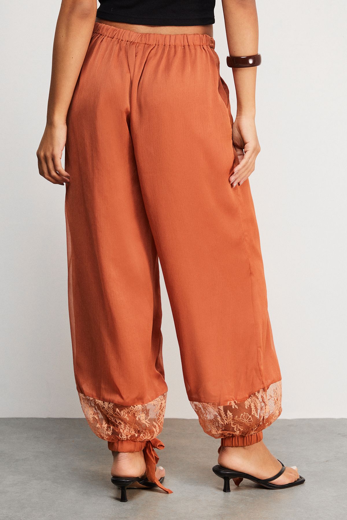 Warehouse Lace Insert Chiffon Cuffed Trousers Tan image 3