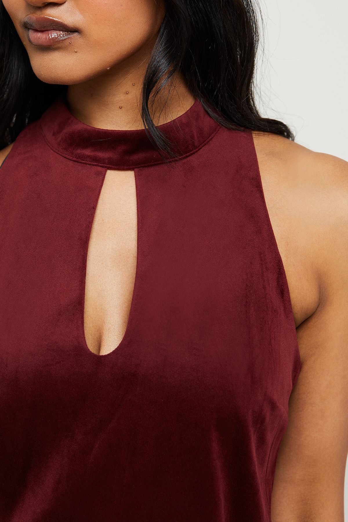 Warehouse Bonded Velvet High Neck Mini Dress Red image 5