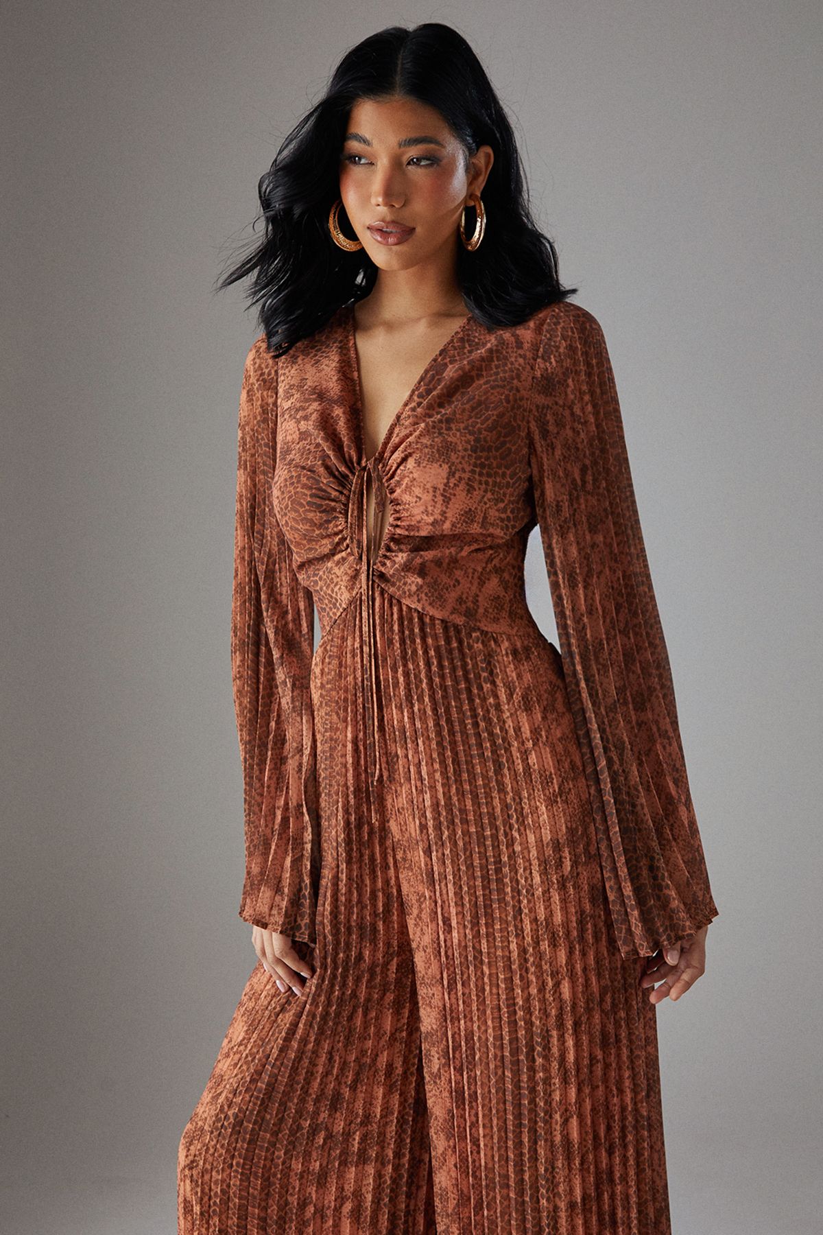 Warehouse Chiffon Pleated Keyhole Flared Sleeve Jumpsuit Brown image 2