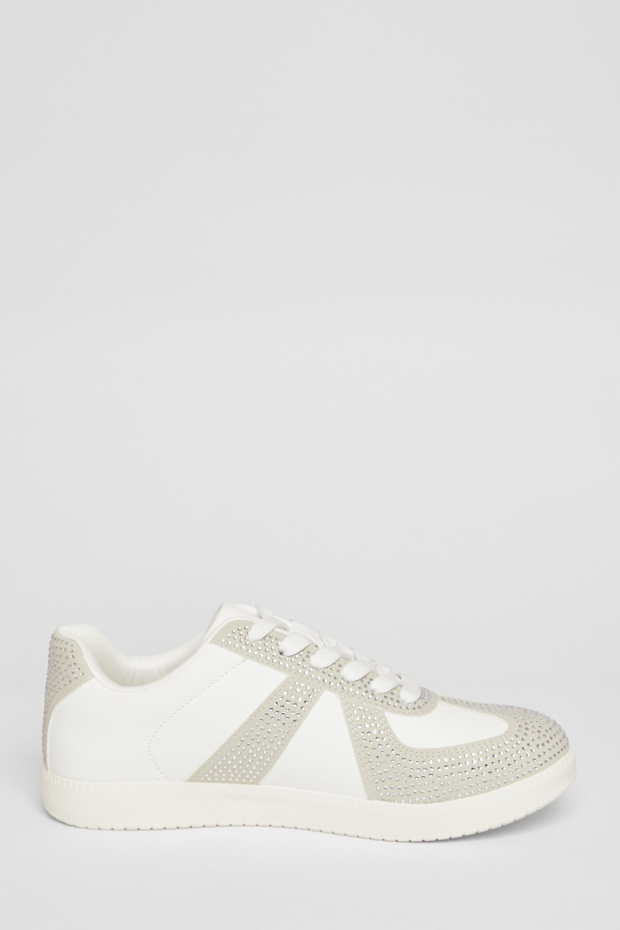Quiz White Faux Leather Diamante Trainers image 5