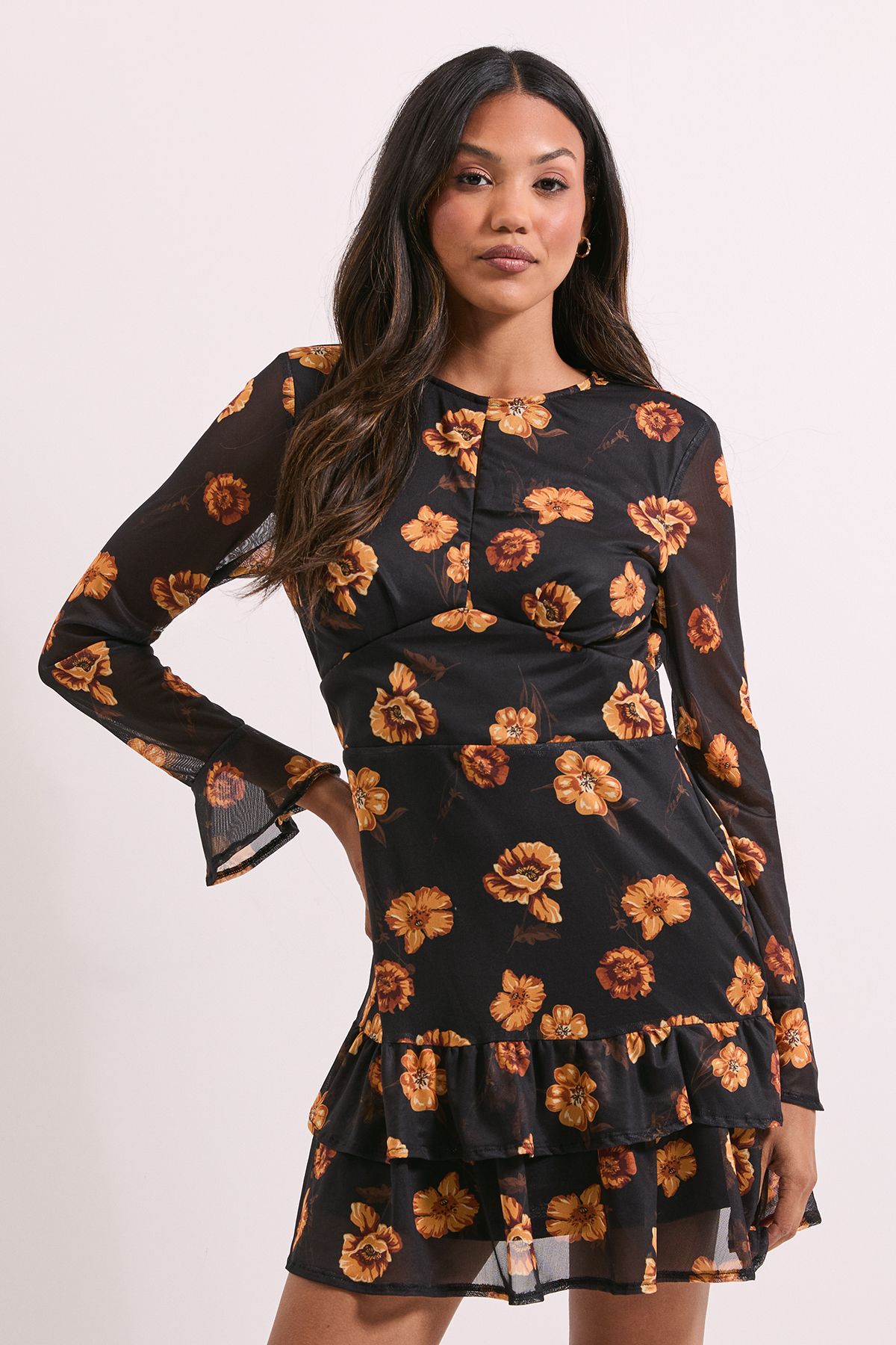 Dorothy Perkins Tiered Skirt Printed Mesh Mini Dress Floral image 4