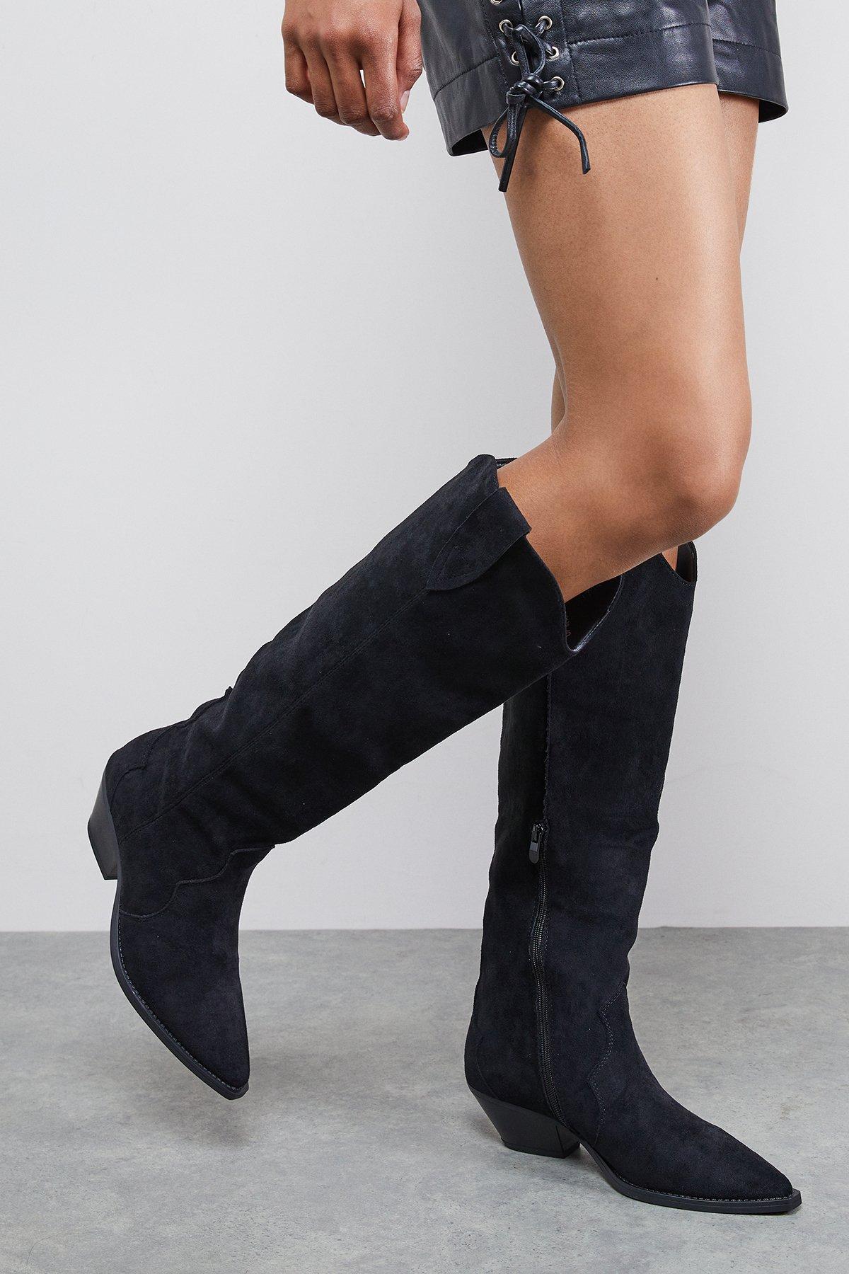 Oasis Faith: Cali Faux Suede Low Heel Western Knee Boots Natural Black image 1