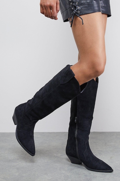Oasis Faith: Cali Faux Suede Low Heel Western Knee Boots Natural Black