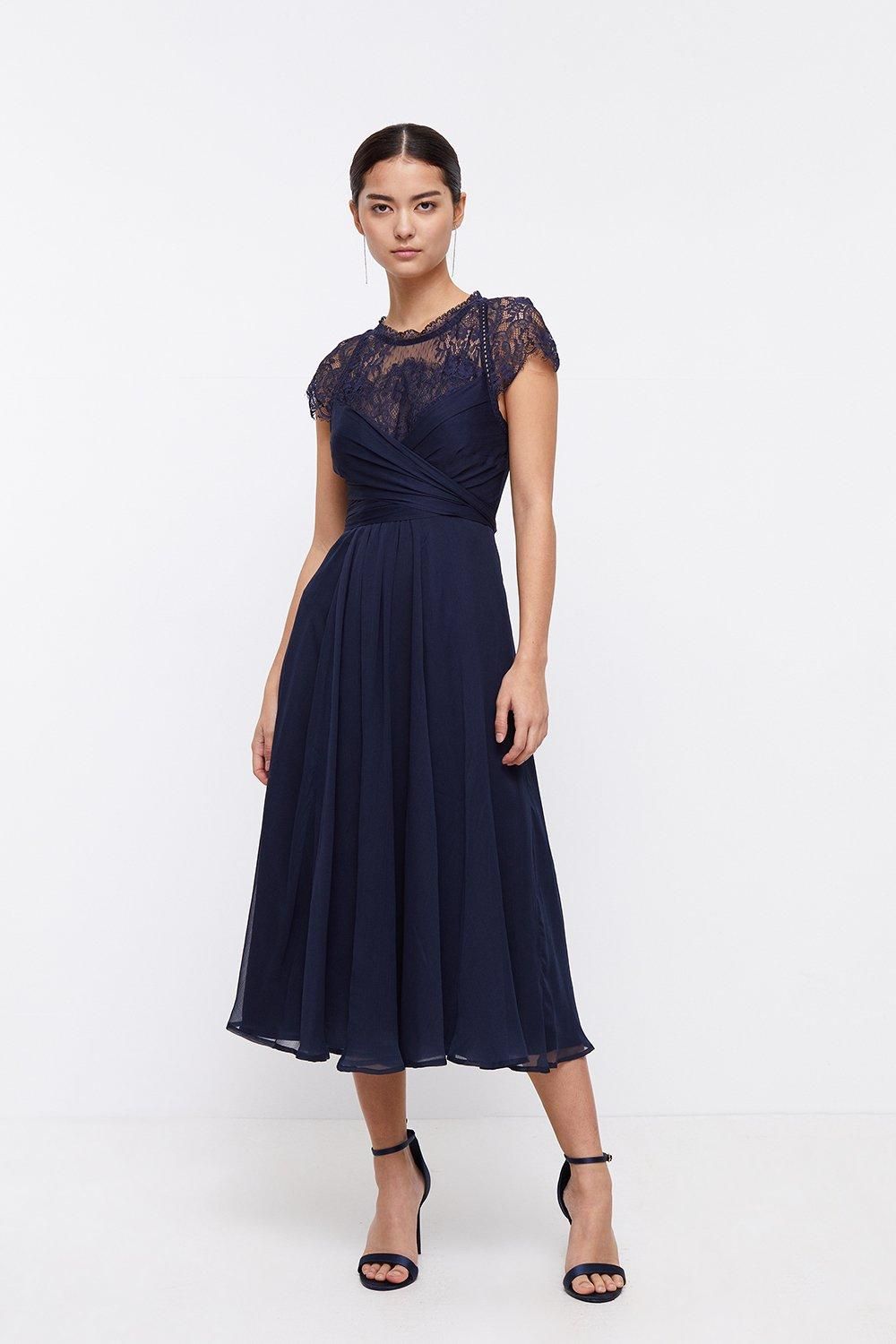 Coast Petite Lace Cross Over Front Chiffon Midi Navy image 1