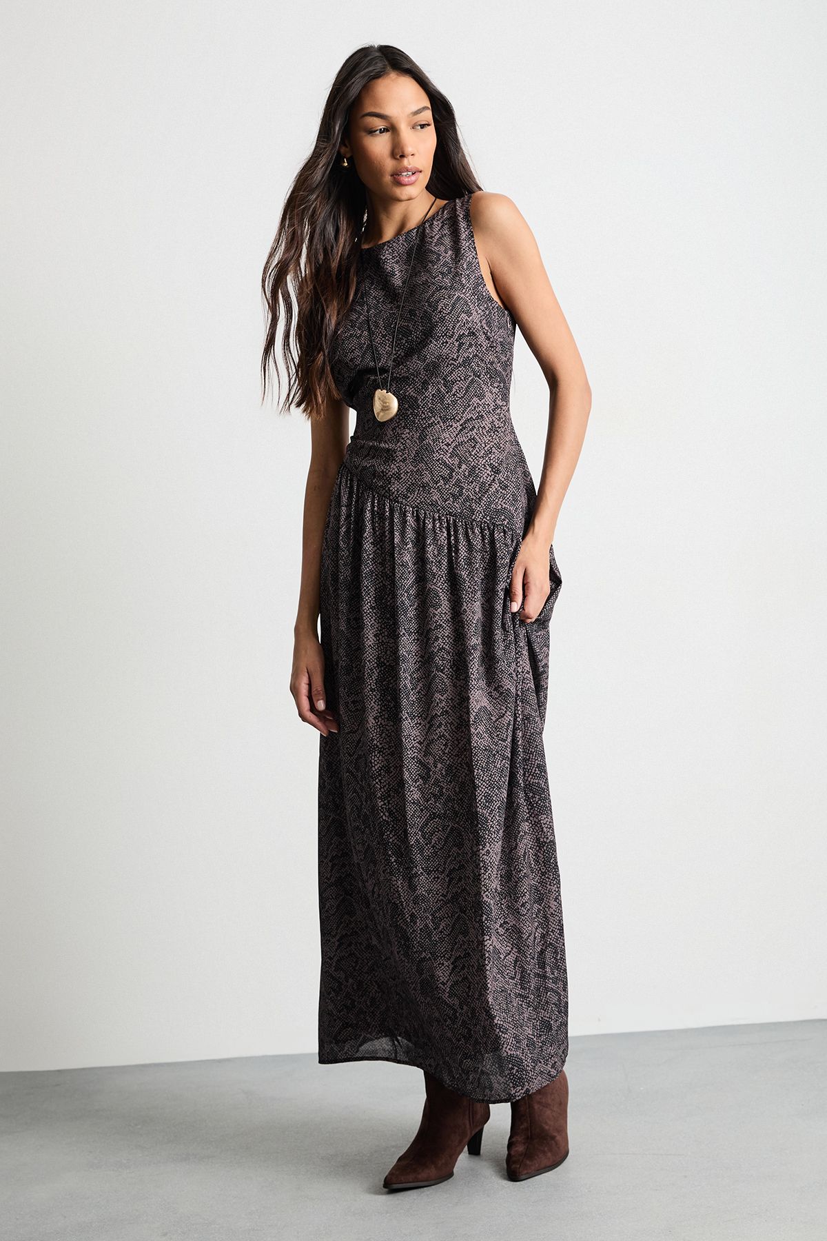 Warehouse Printed Dropped Waist Chiffon Tiered Maxi Dress Brown image 1