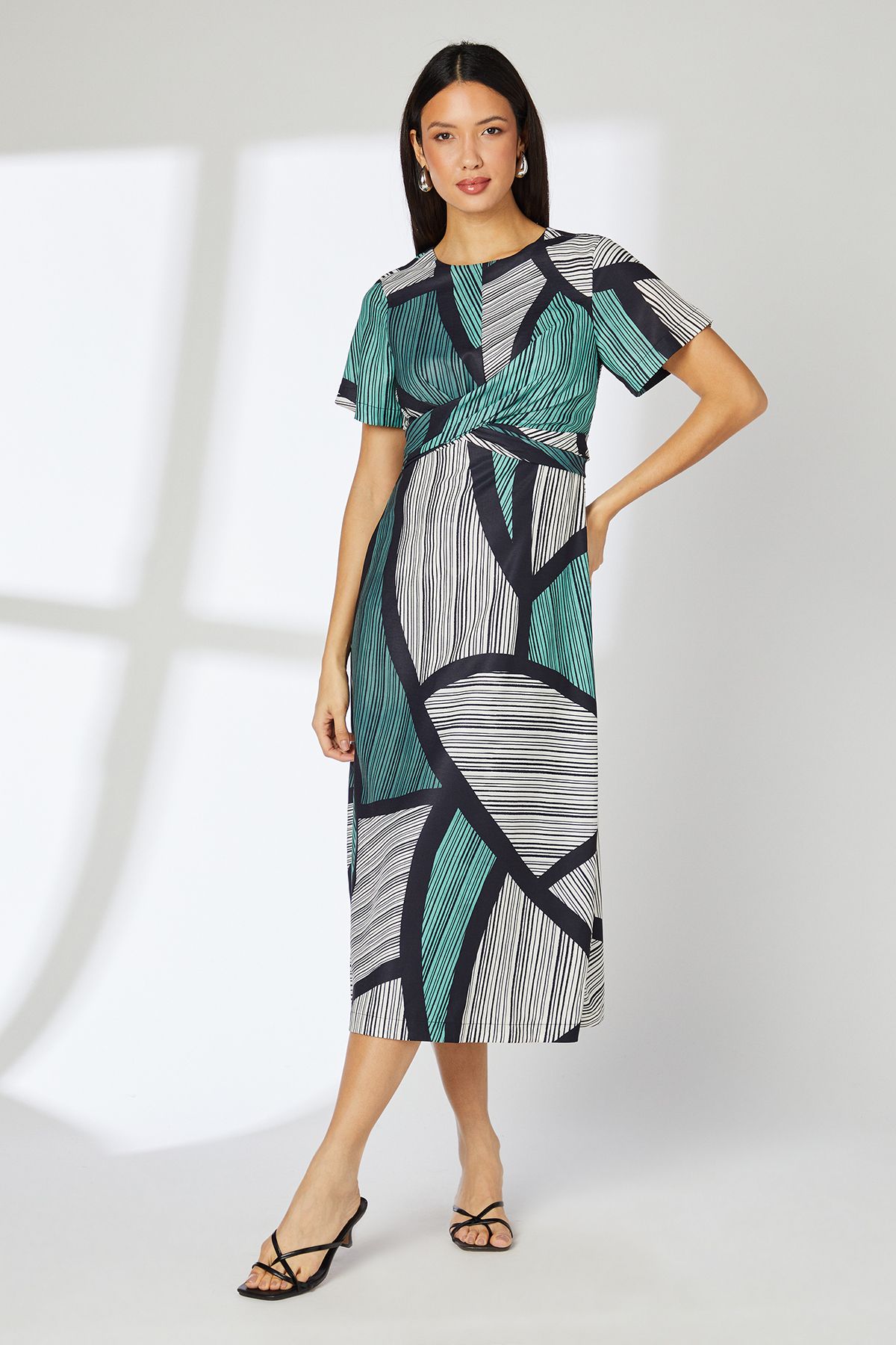 Principles Sage Geo Print Twist Waist Woven Midi Dress Sage