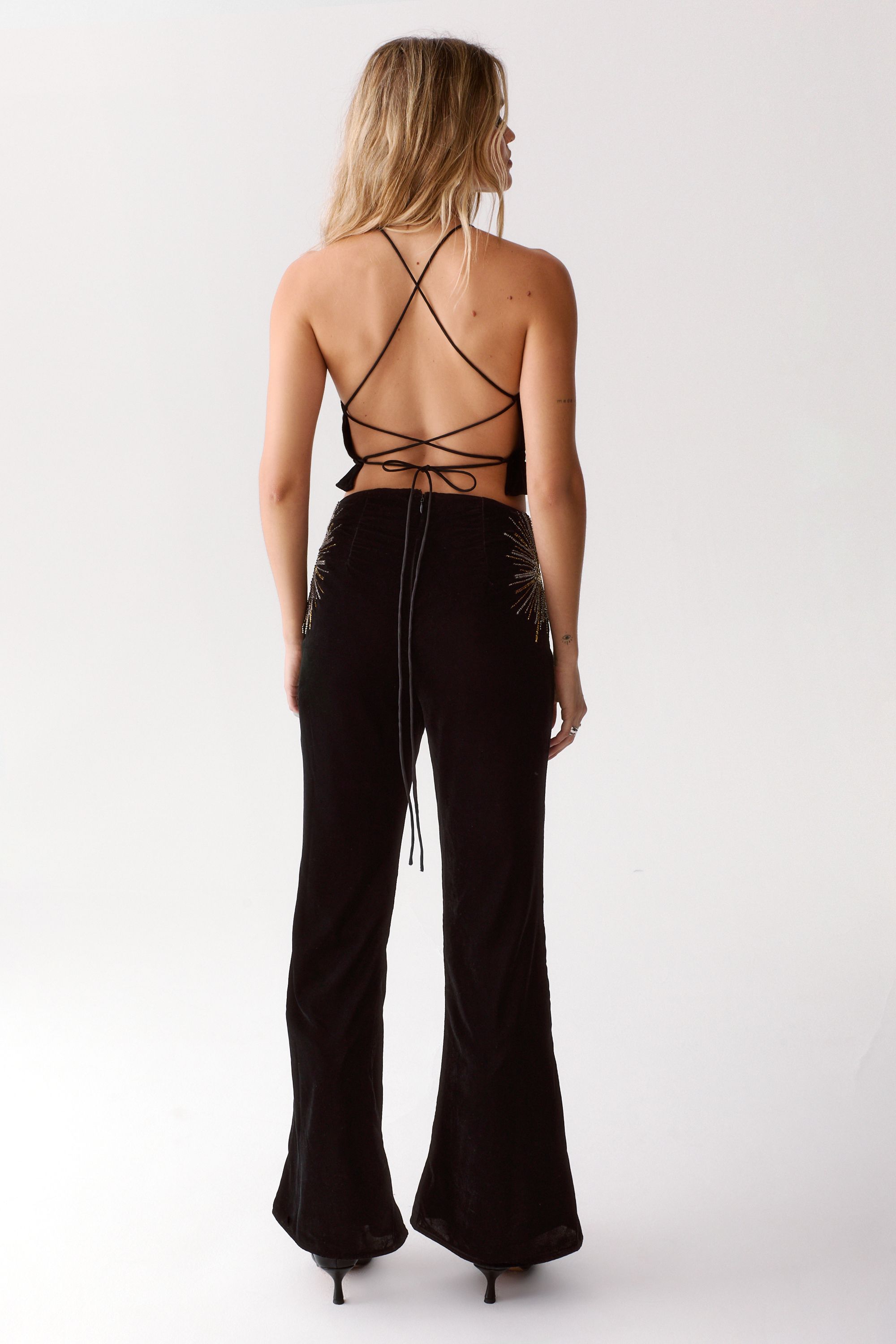 NastyGal Star Embellished Velvet Flared Pants Black image 4