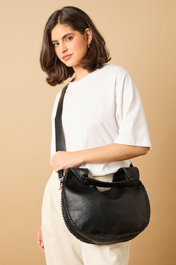 Oasis Faux Leather Whipstitch Detail Slouch Shoulder Bag Black