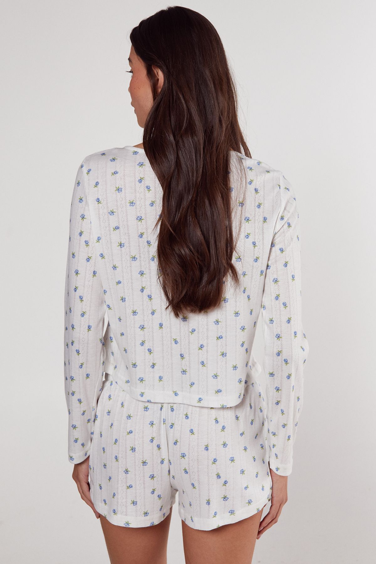 NastyGal Pointelle Ditsy Floral Long Sleeve Top and Short Pajama Set White image 3