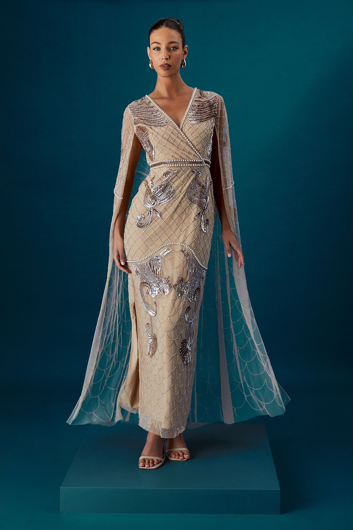 Coast Coast Muse Heavily Embellished Maxi Dress With Cape Sleeves Stone image 1