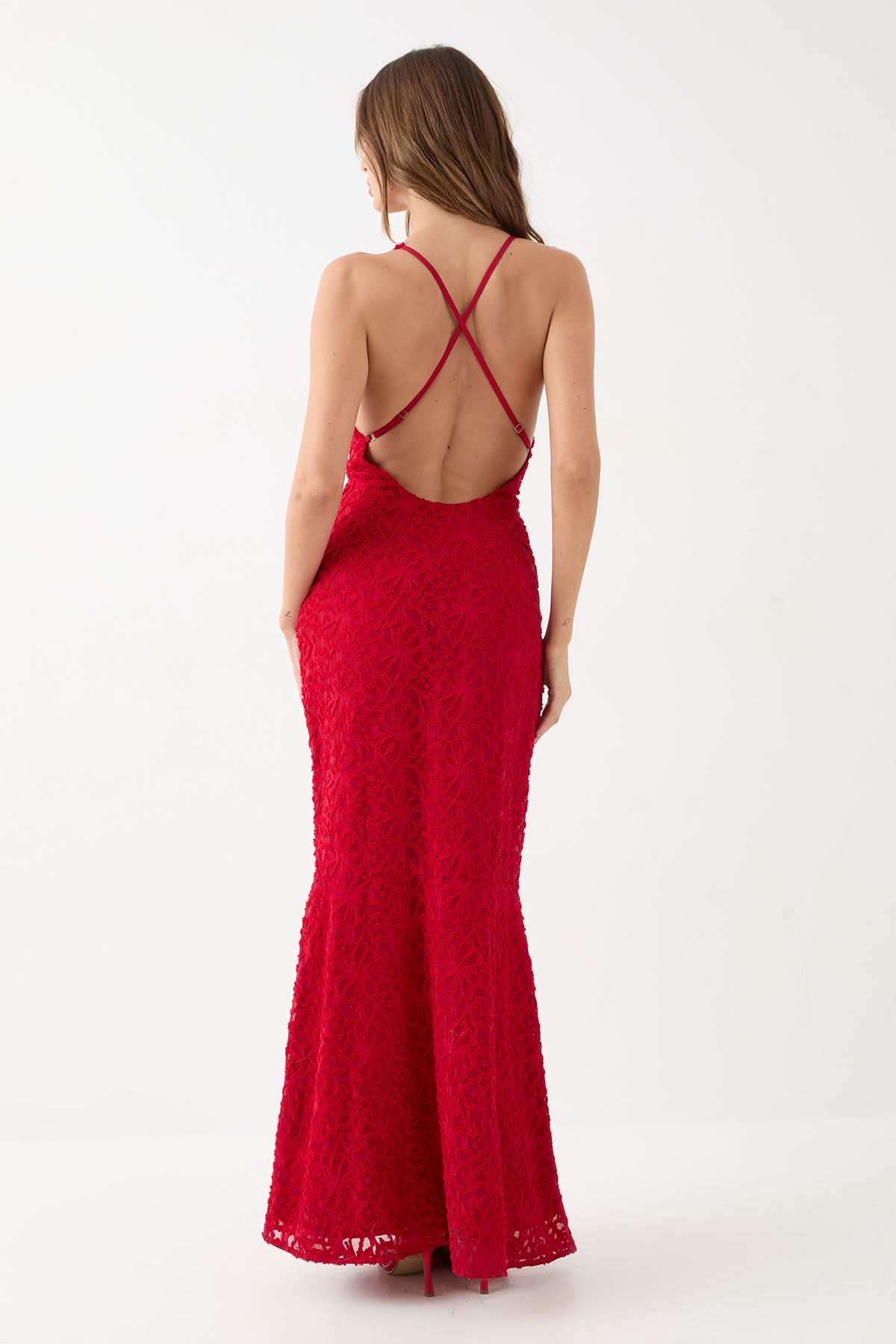 MissPap Textured Floral Chiffon Bias Maxi Red image 3