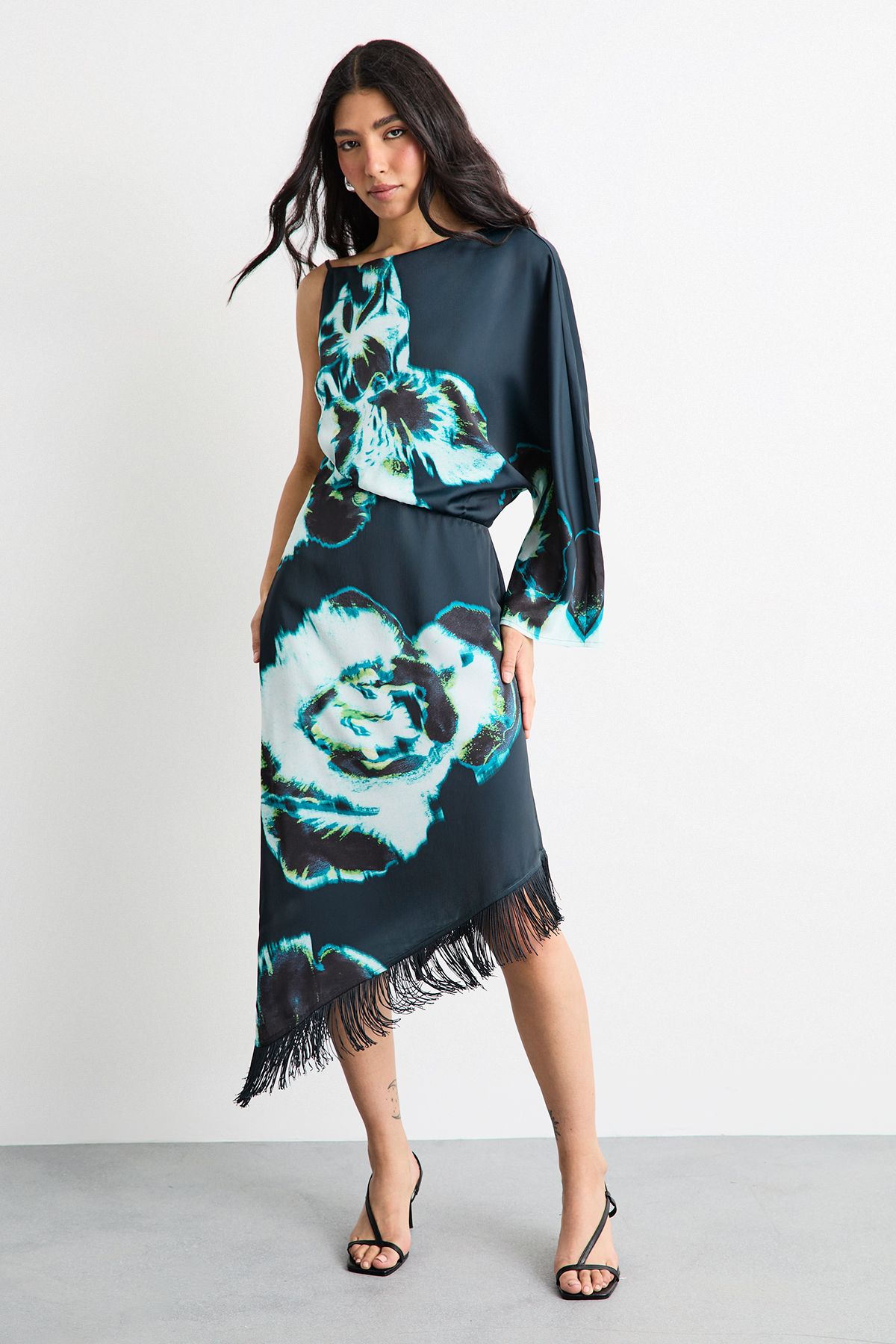 Warehouse Placement Print One Shoulder Satin Midi Dress Floral image 1