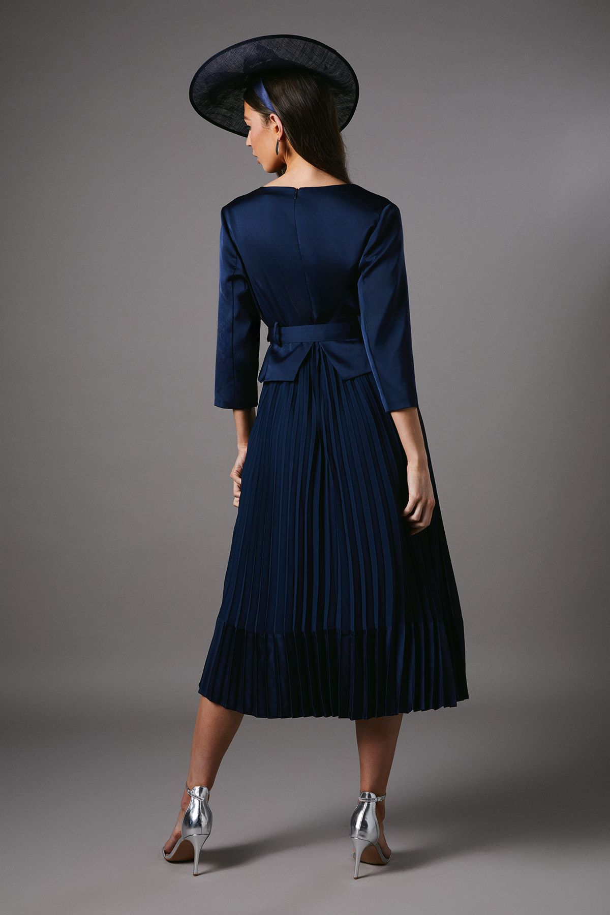 Coast Satin Bodice ¾ Sleeve Pleat Skirt Belted Midi Wedding Guest Dress Navy image 5