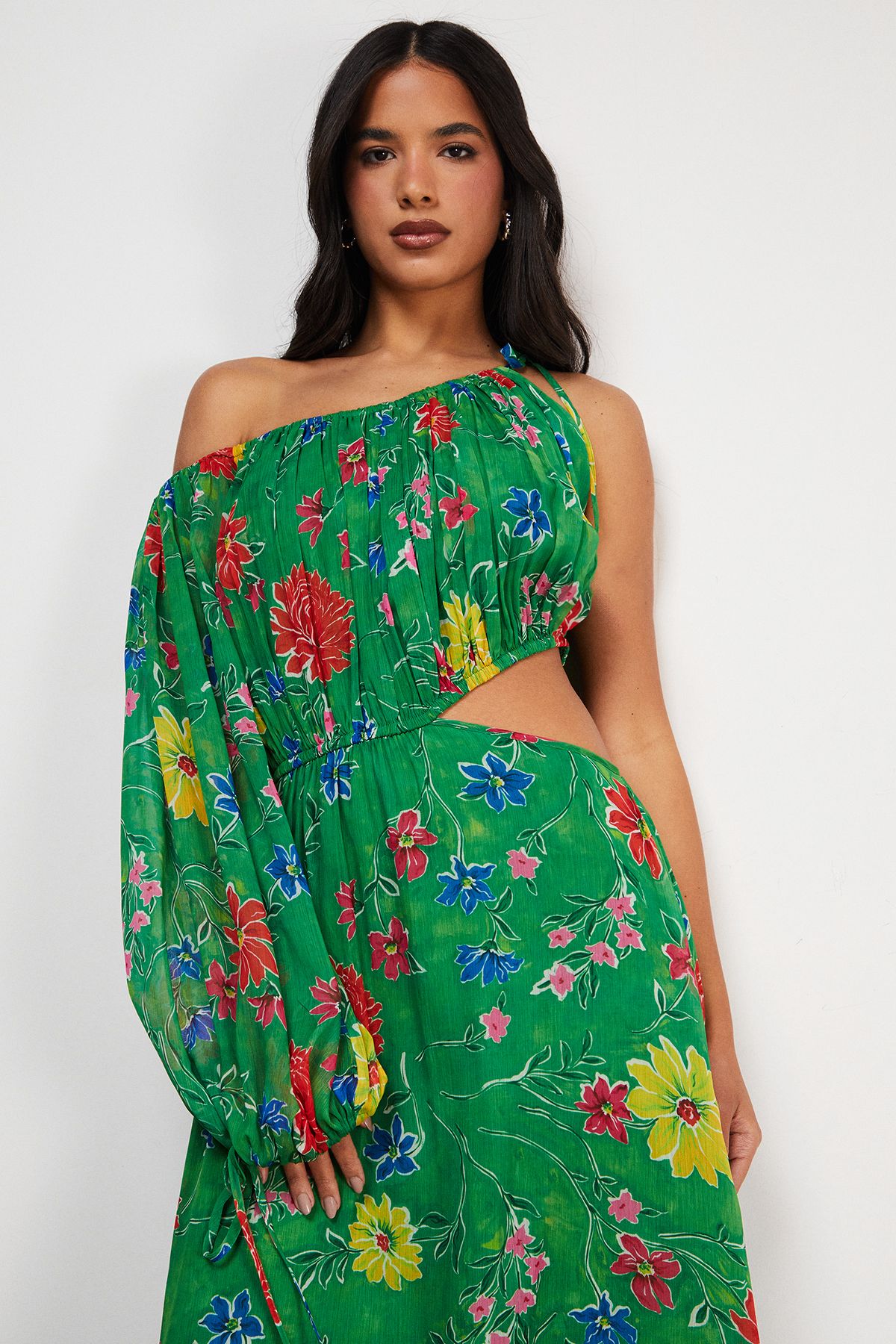 Warehouse Chiffon One Shoulder Balloon Sleeve Cut Out Midi Dress Floral image 4