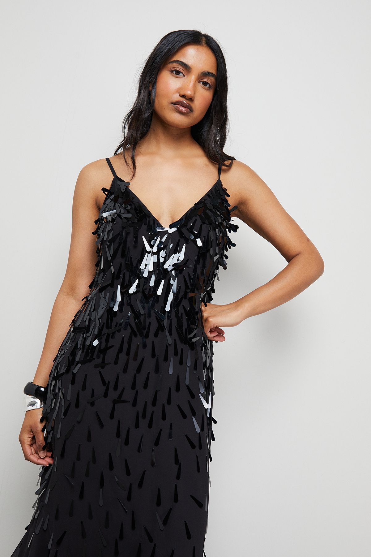 Warehouse Premium Teardrop Embellished Bias Cut Midi Dress Black image 2