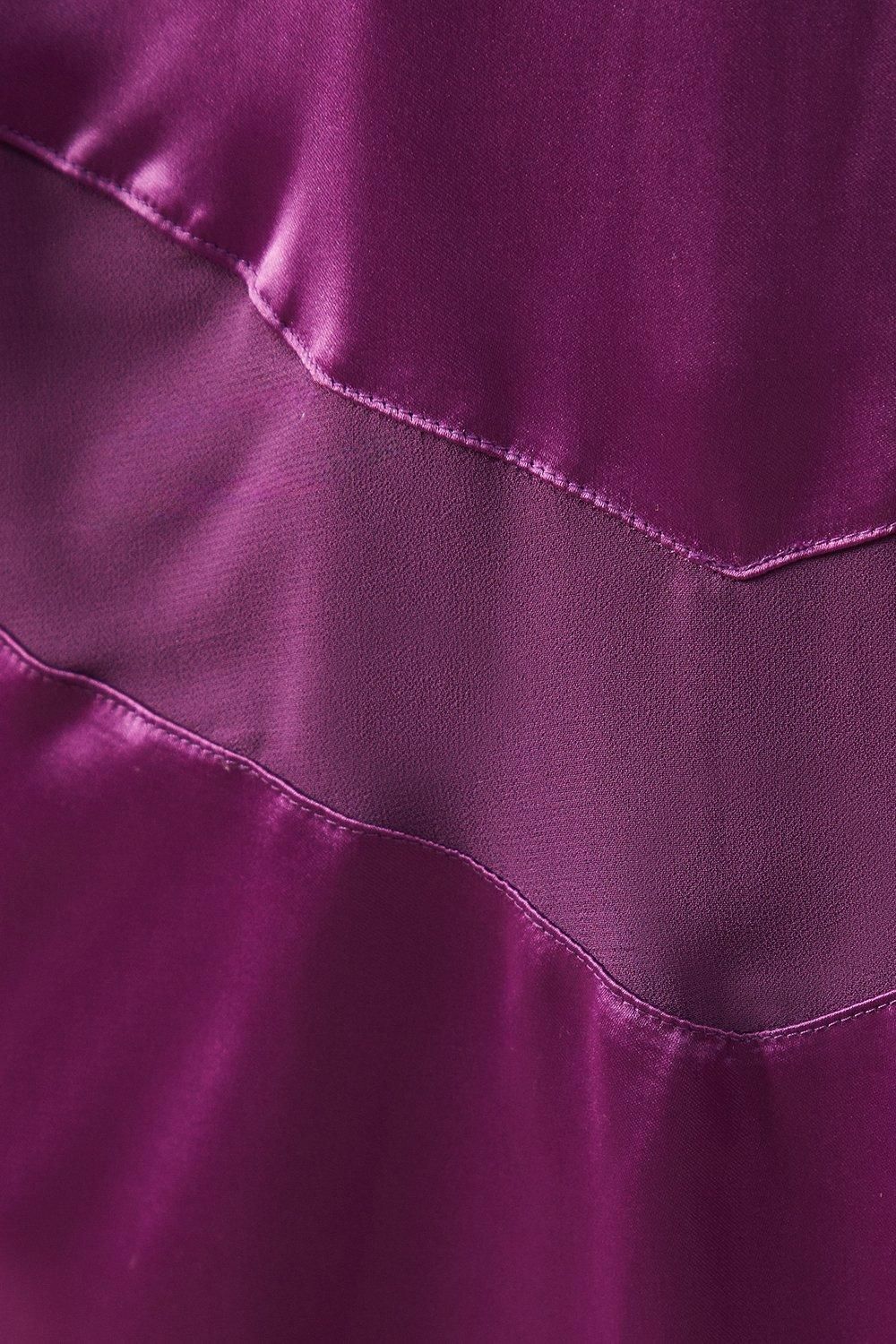 Warehouse Satin Cross Front Chiffon Insert Hanky Hem Midi Dress Purple image 5