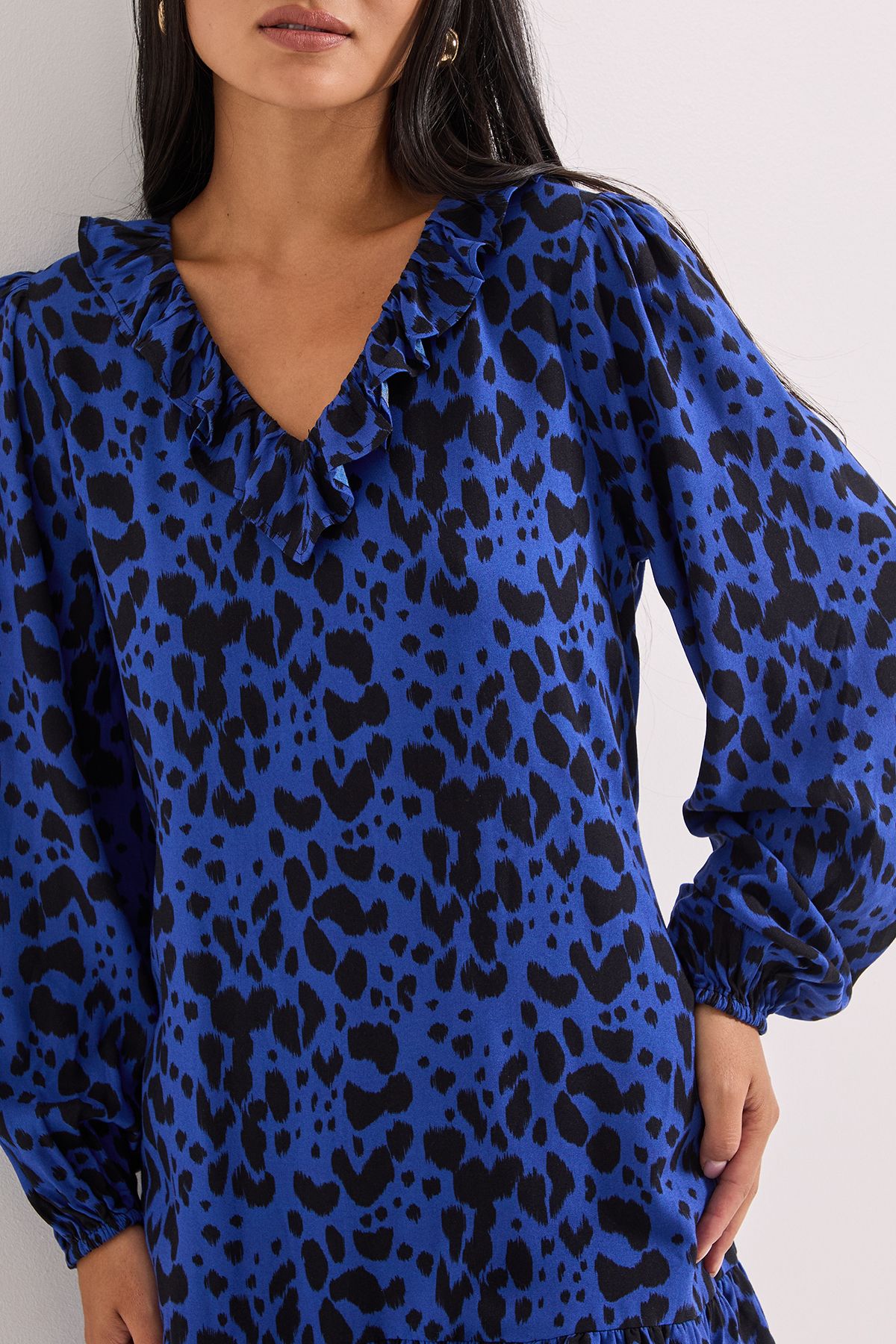 Dorothy Perkins Petite Printed Collar Detail Blouson Sleeve Tiered Mini Dress Blue image 4