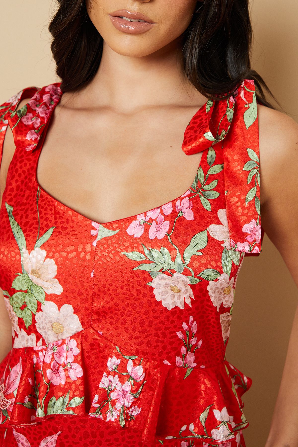 Oasis Printed Satin Jacquard Tiered Midi Dress Red image 4