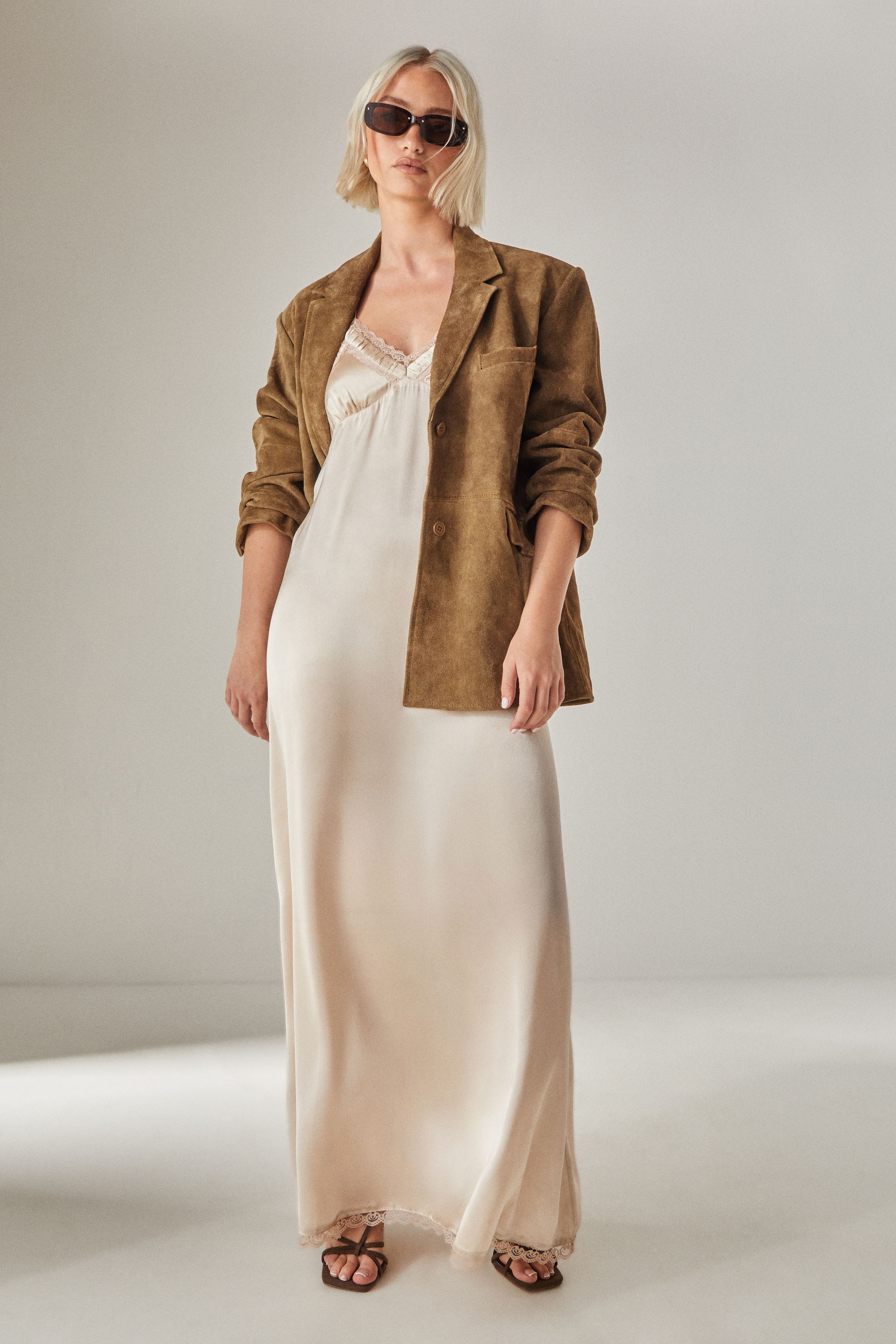 NastyGal Satin Lace Trim Maxi Slip Dress Champagne image 4