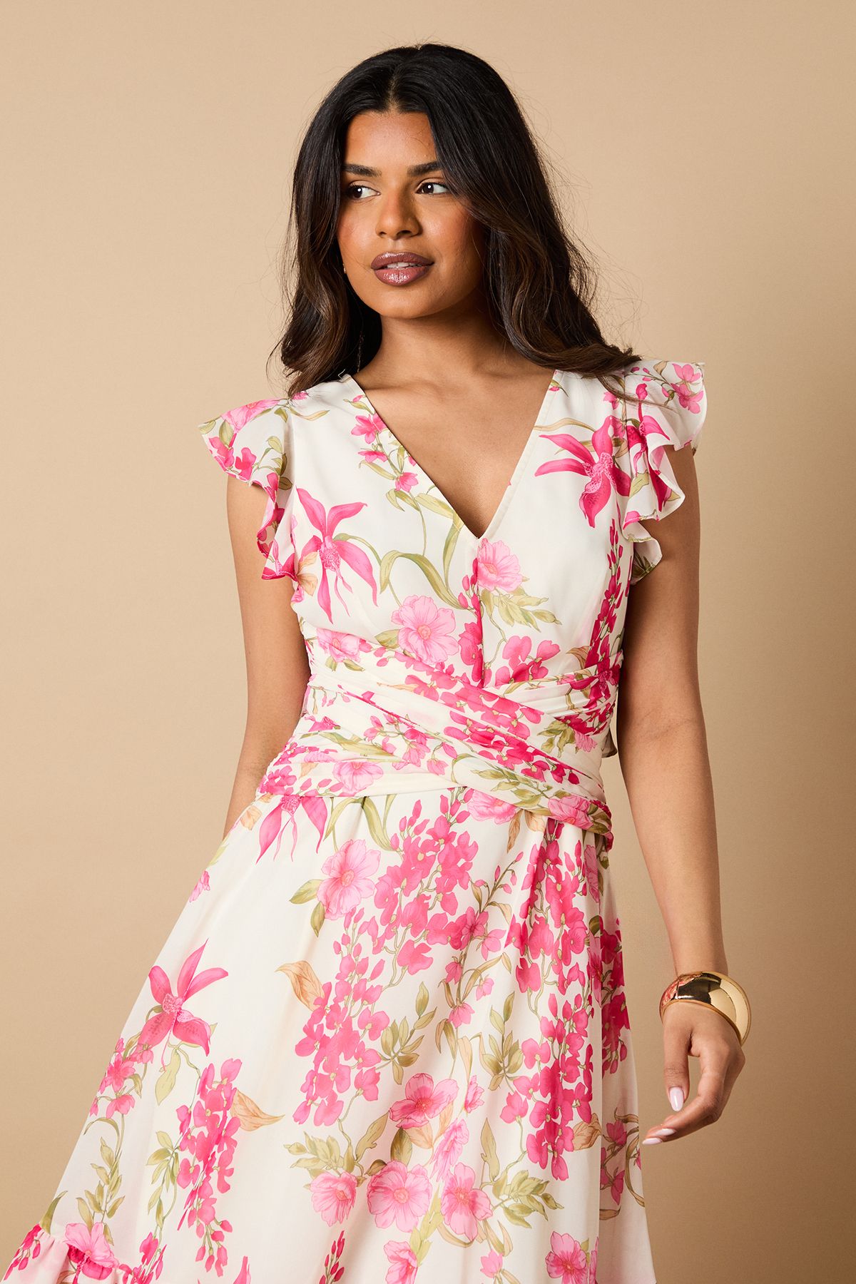 Oasis Petite Printed Twist front Detail Tiered Midi Dress Ivory image 2