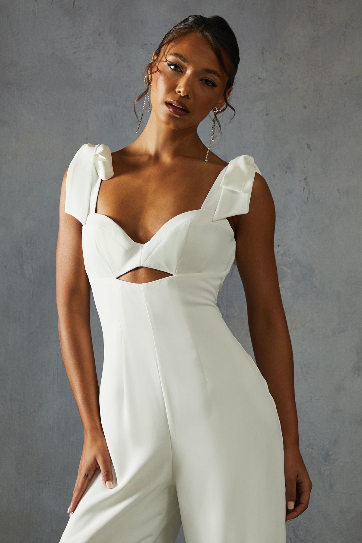 MissPap Bow Shoulder Wide Leg Jumpsuit White image 4