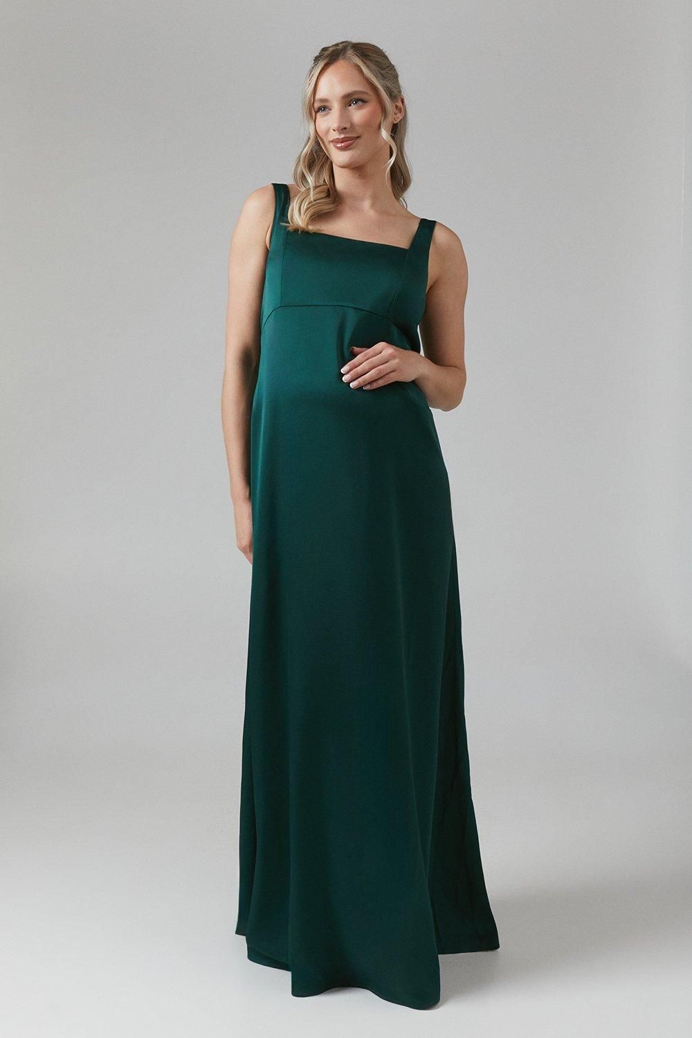 Coast Maternity Square Neck Satin Bridesmaid Maxi Dress Emerald image 1