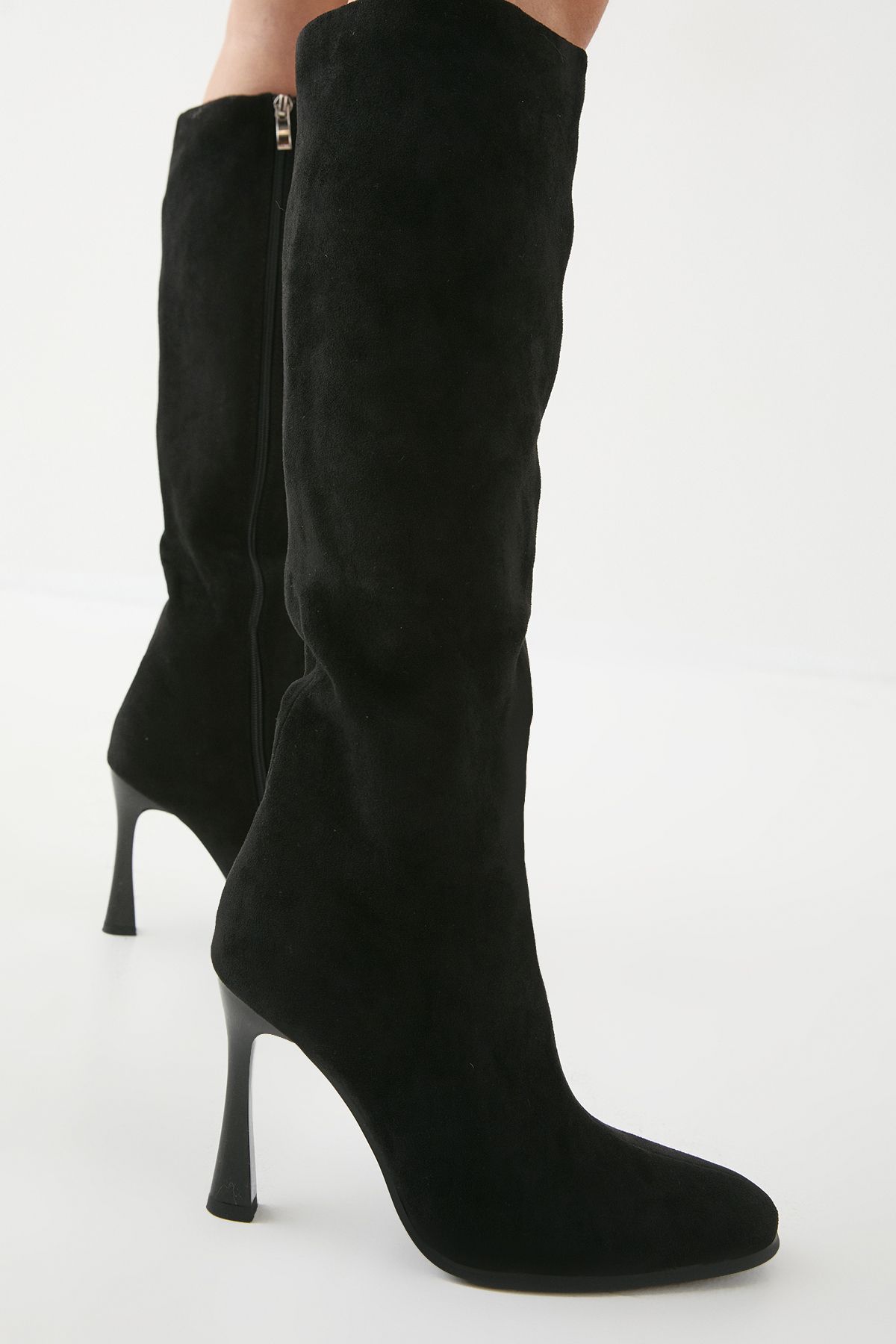 MissPap Faux Suede High Flared Stiletto Knee High Boots Natural Black image 4