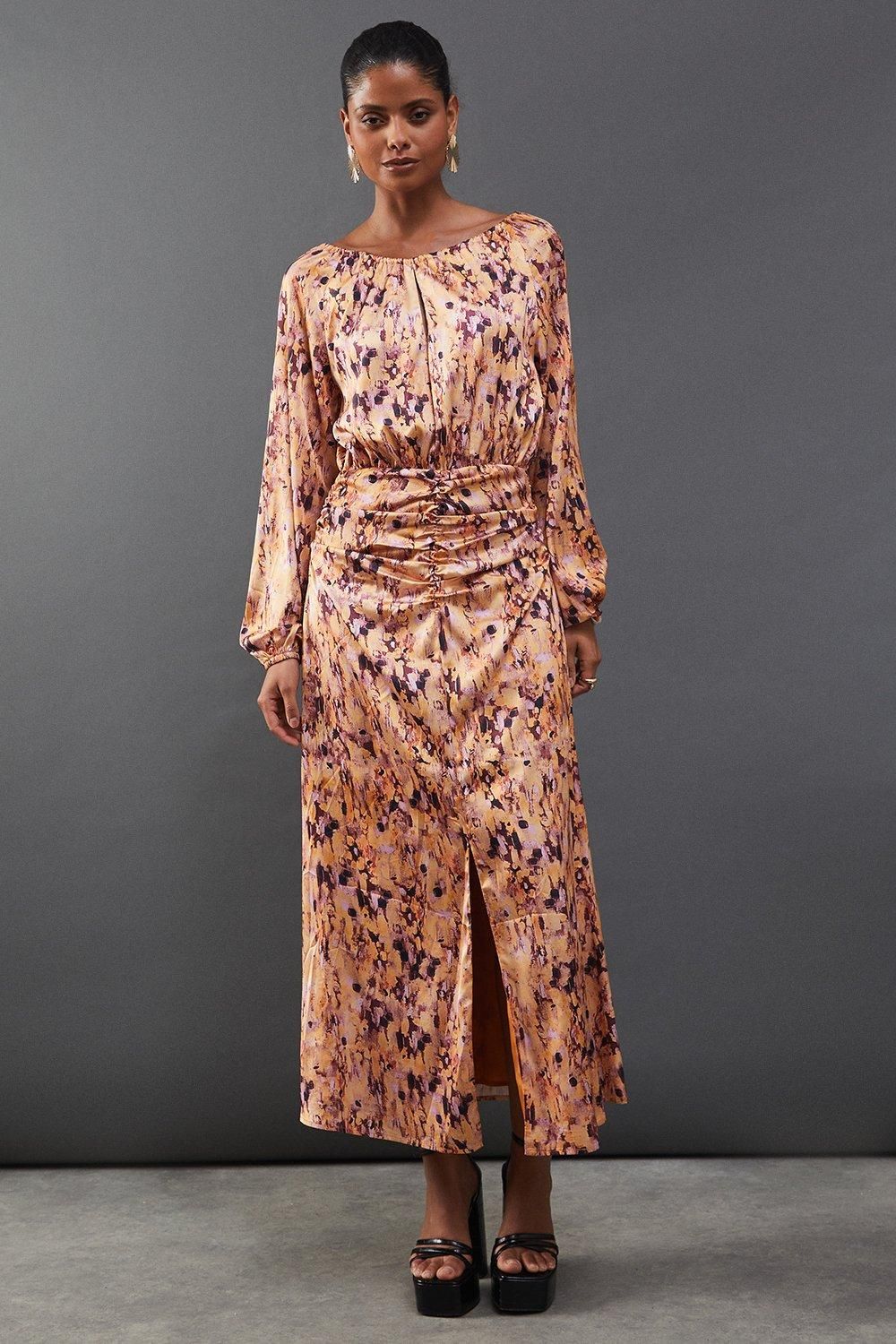 Warehouse Print Satin Ruched Front Midi Dress Orange image 1