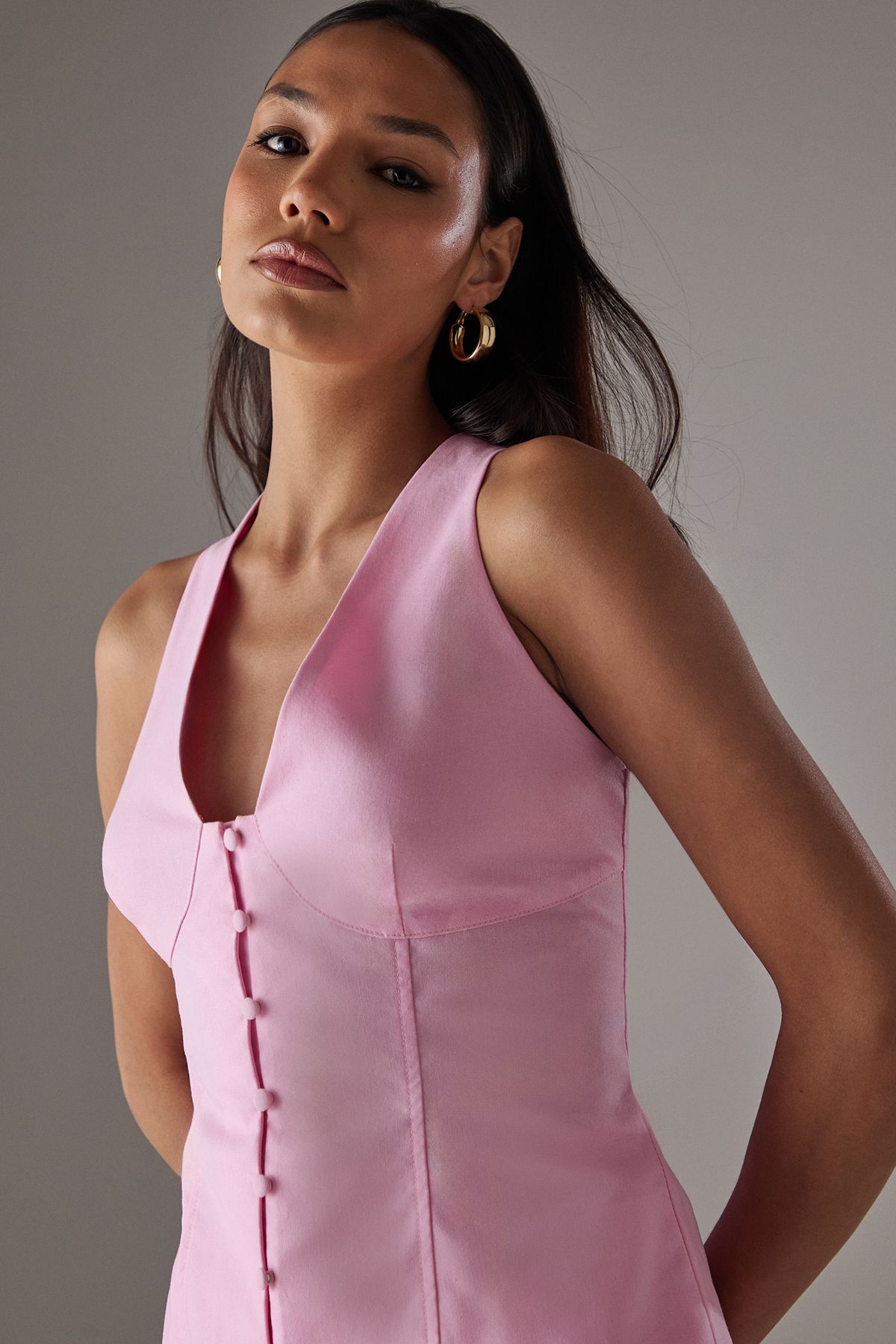 Warehouse Linen Blend Button Through Sleeveless Top Pink image 2