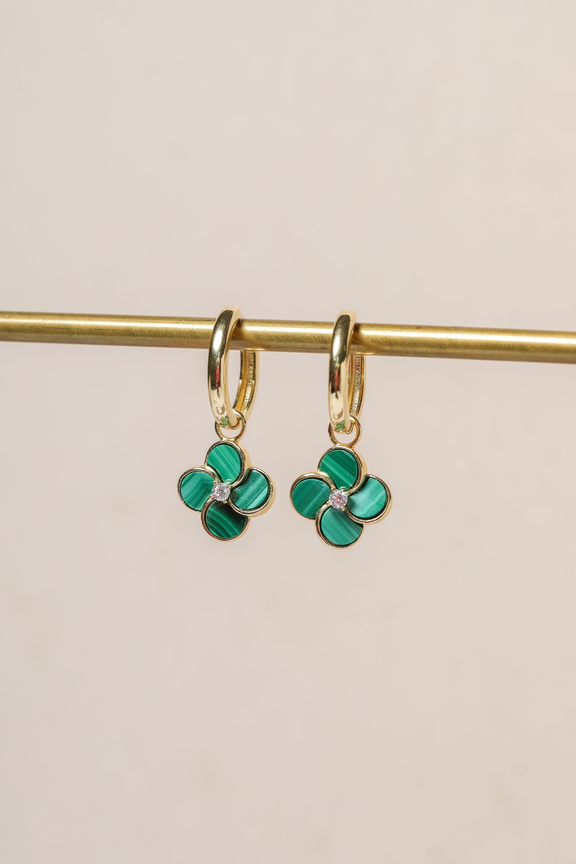 Jon Richard Gold Plated and Malachite Four Leaf Clover Huggie Earrings image 2