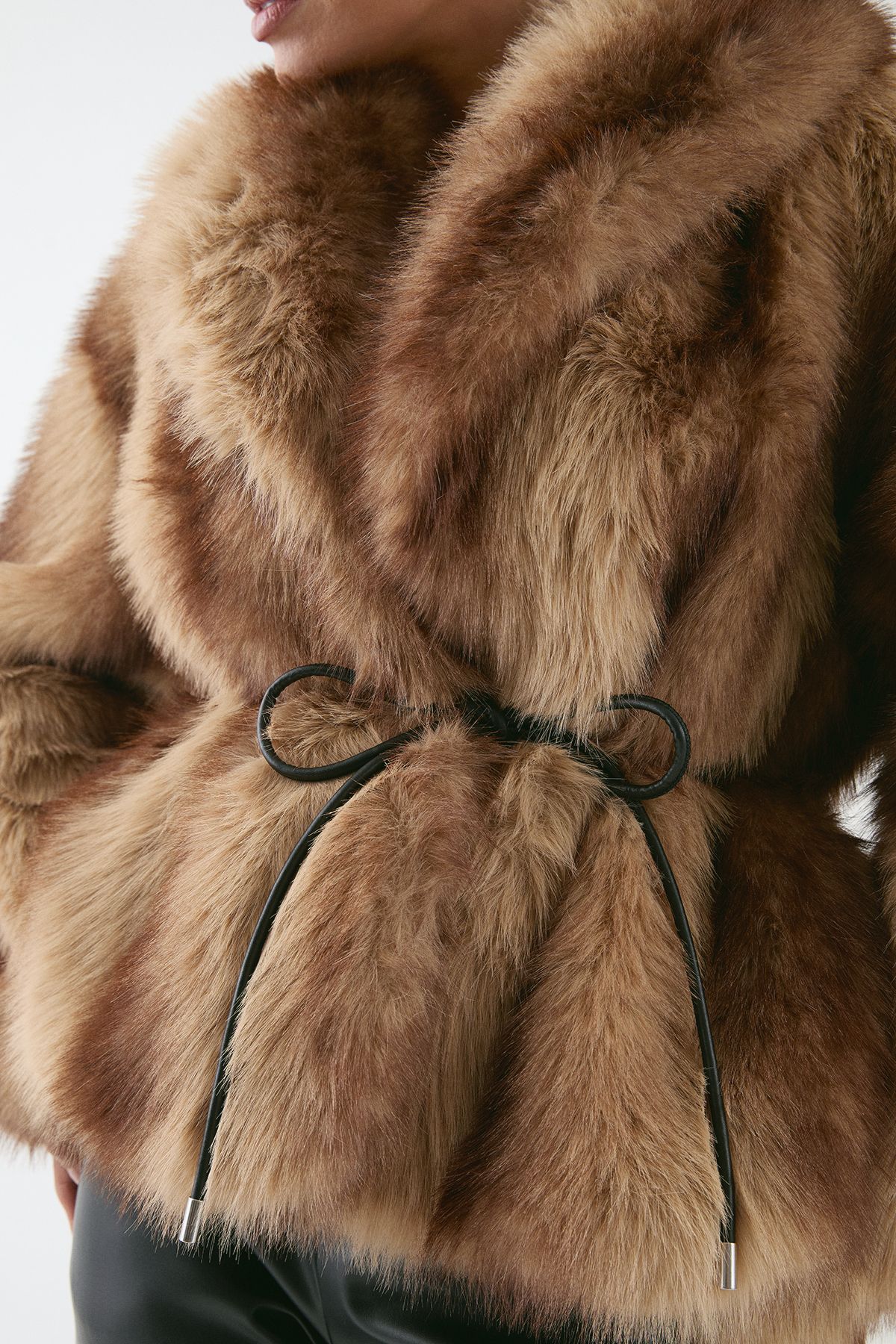 MissPap Faux Fur Wide Collar Belted Jacket Brown image 4