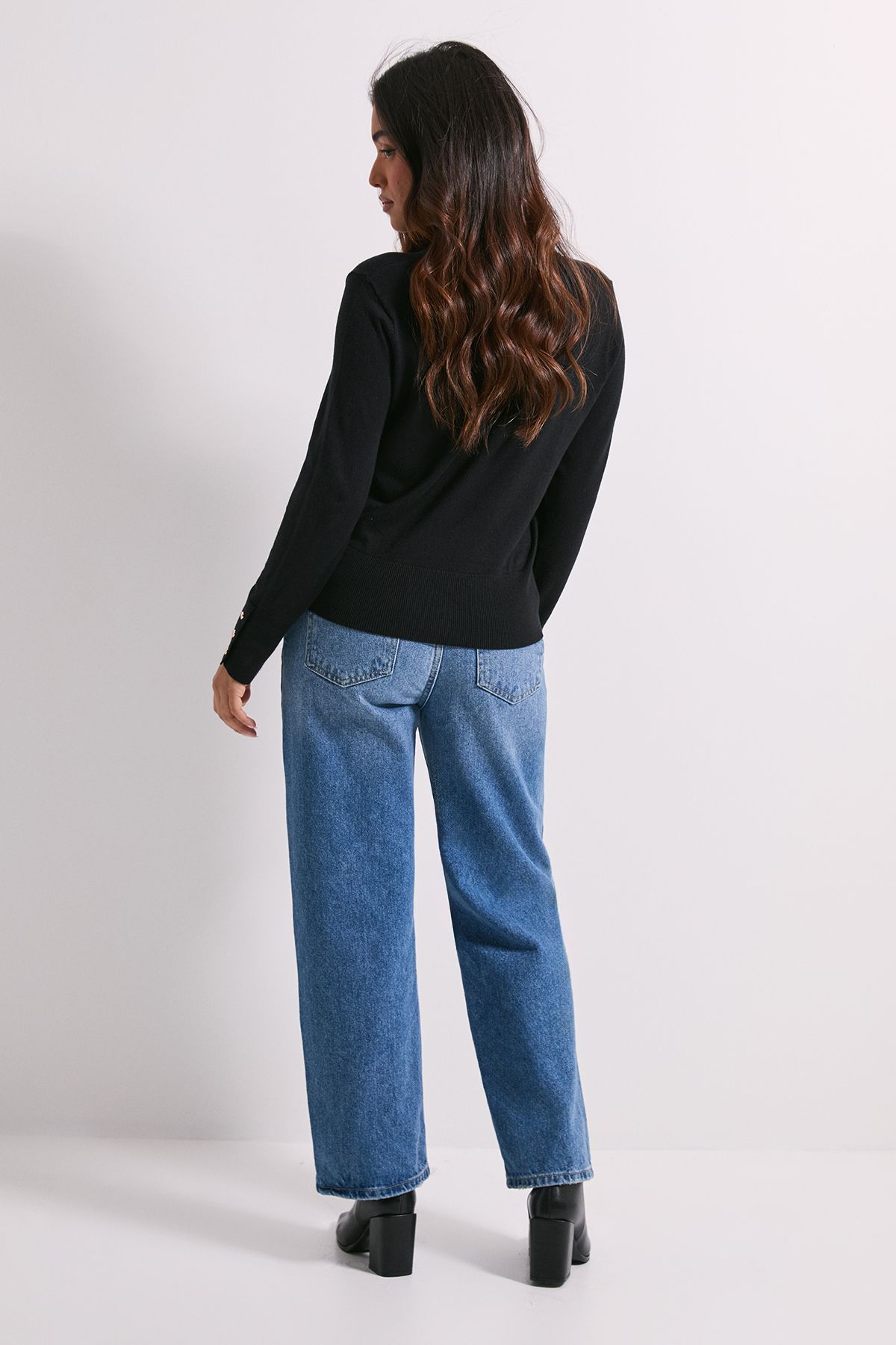 Dorothy Perkins Petite Black Crew Neck Button Cuff Jumper Black image 3