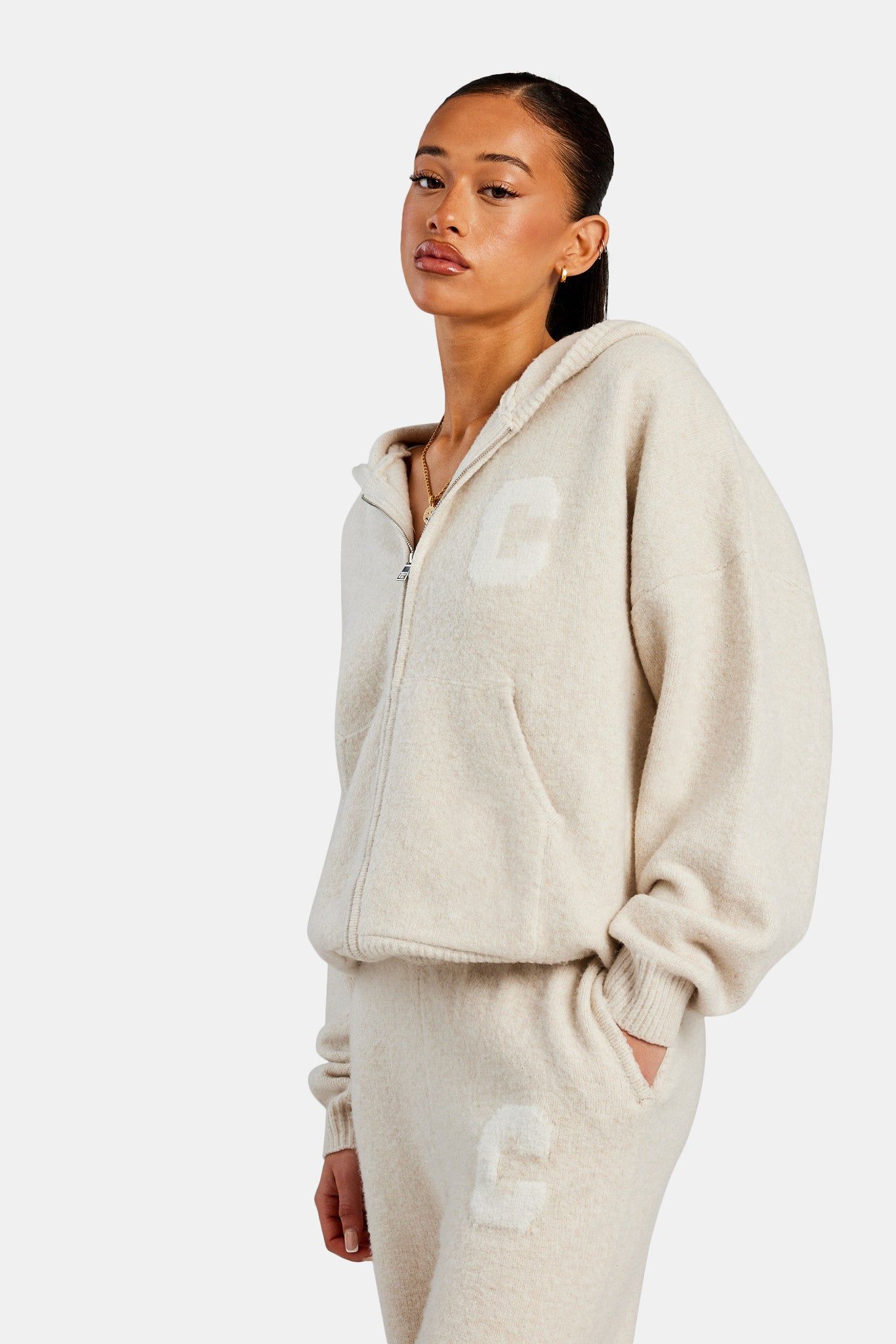 Cernucci Hooded Zip Through Knitted Jumper - Oatmeal image 1