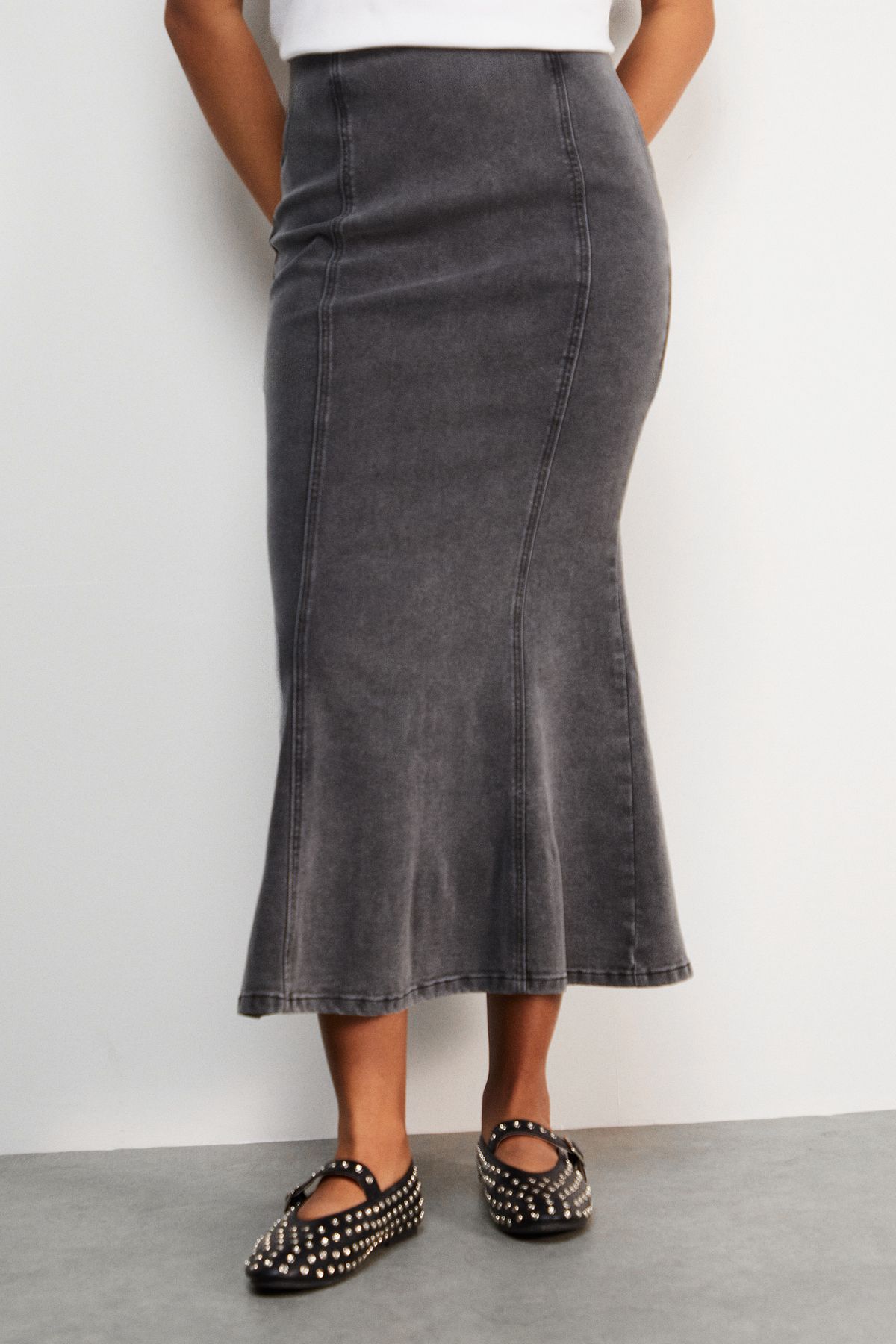 Warehouse Denim Fishtail midi skirt Grey image 2