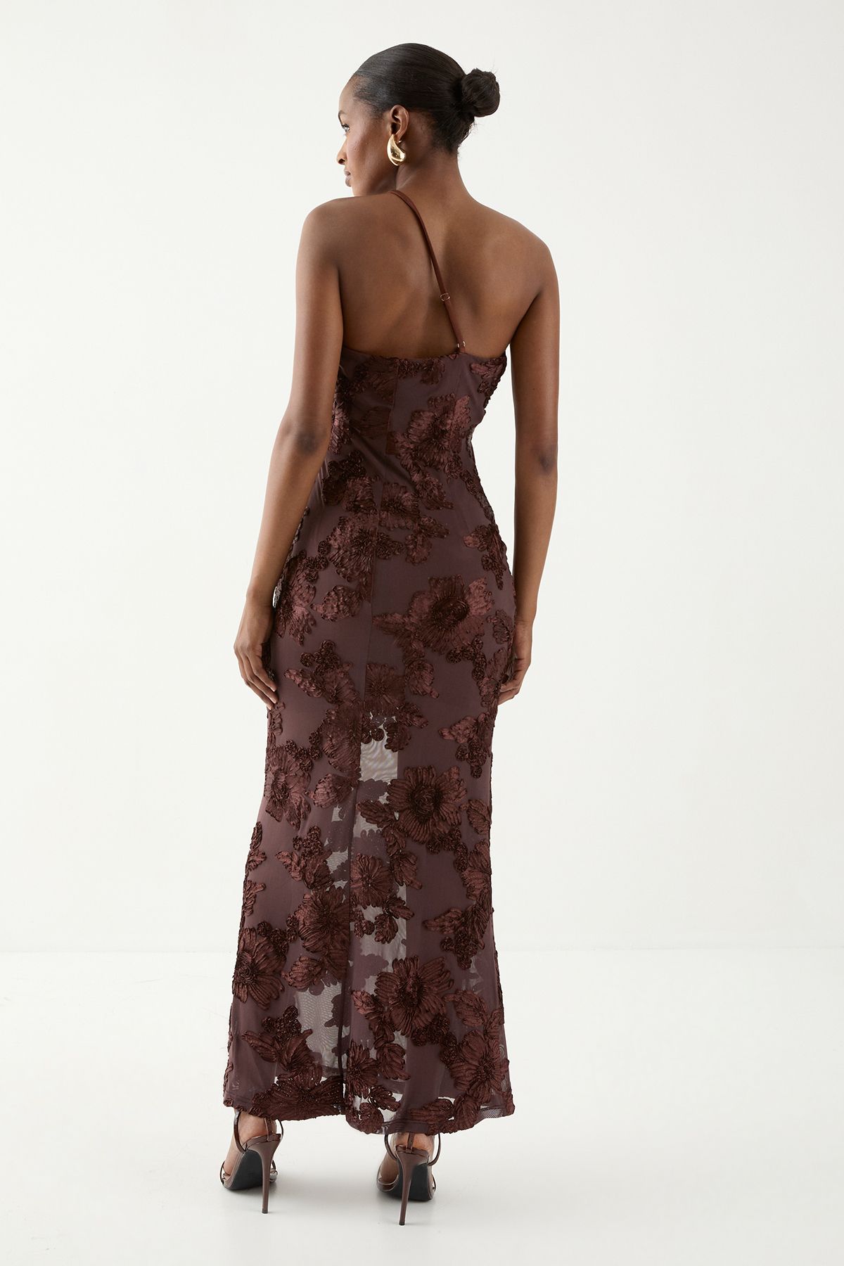MissPap Asymmetric Neckline Floral Textured Maxi Dress Chocolate image 4