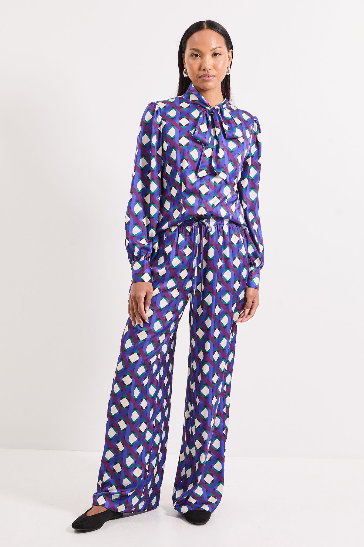 Principles Printed Satin Pussybow Blouse Blue image 4