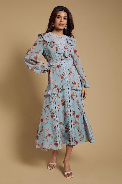 Oasis Petite Chiffon Printed Lace Trim Detail Ruffle Midi Dress Blue