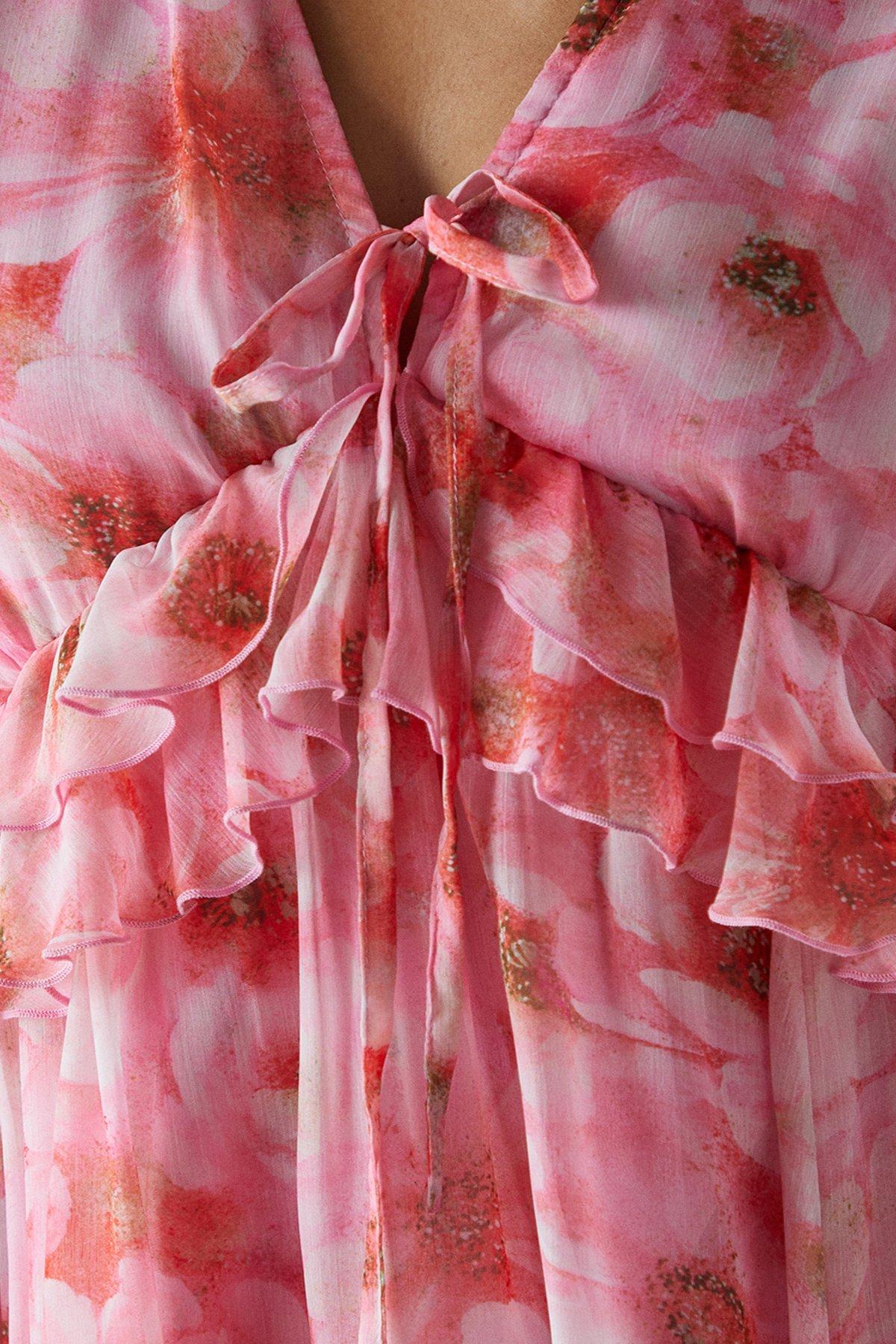 Warehouse Ruffled Plunge Neck Midi Dress Pink image 4