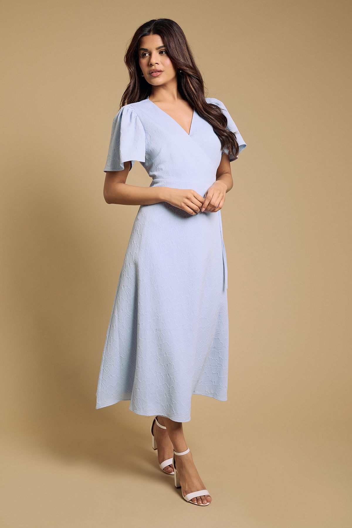 Dorothy Perkins Petite Flutter Sleeve Wrap Midi Dress Blue