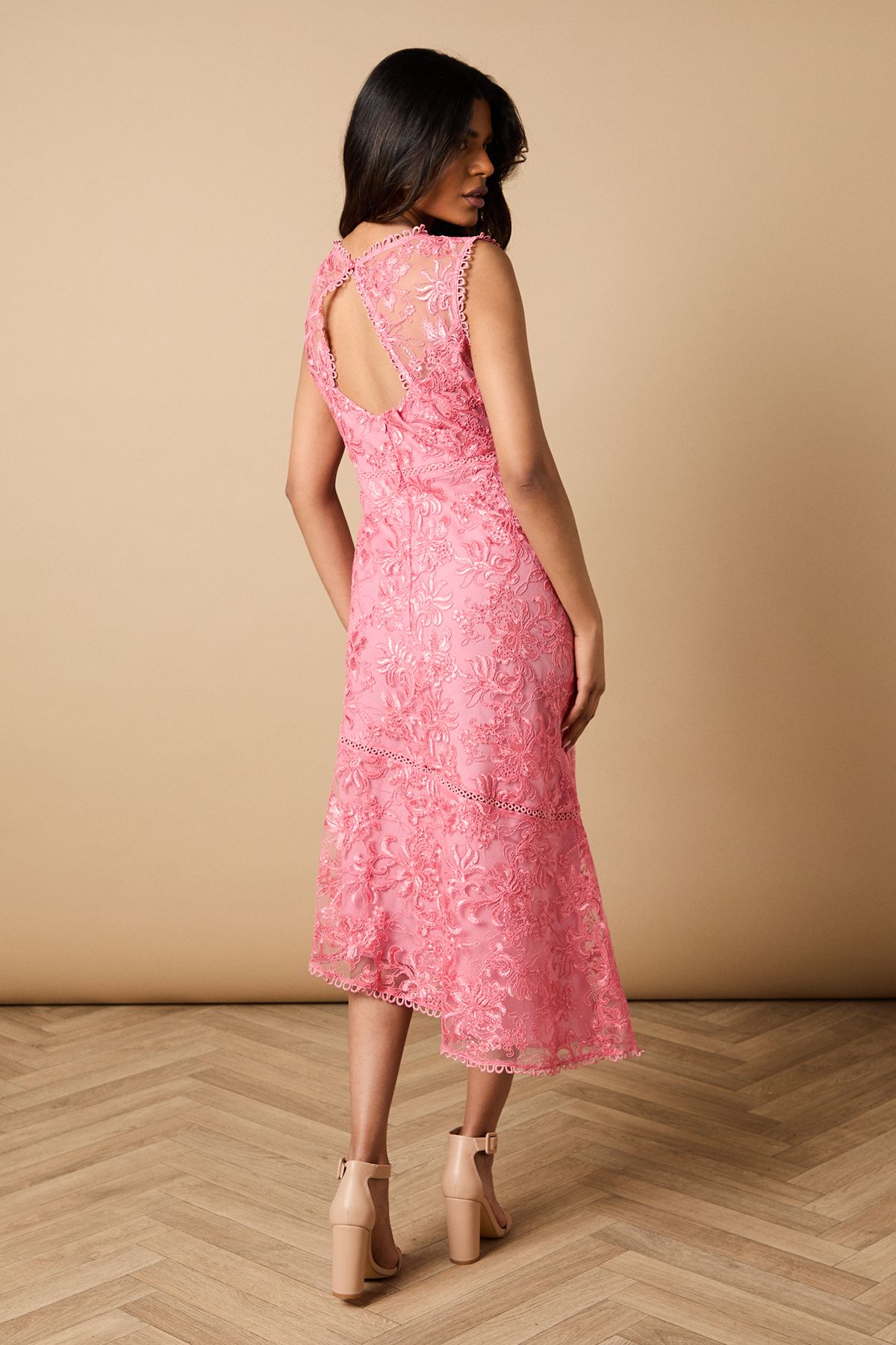 Oasis Petite Floral Lace Scallop Detail Midi Dress Coral image 3