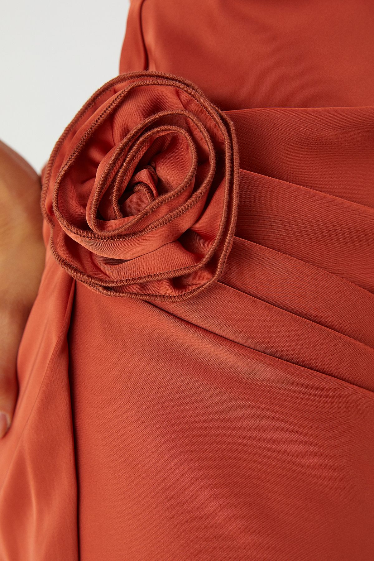 MissPap Satin Cowl Corsage Drape Mini Dress Rust image 5