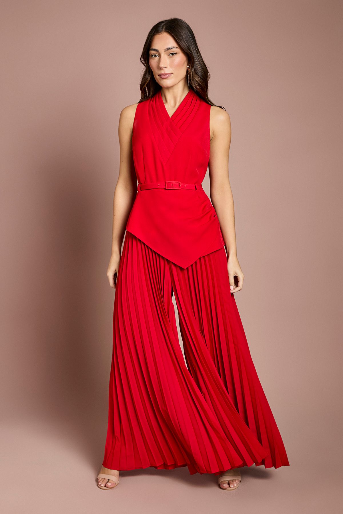 Coast Pleated Neckline Belted Jumpsuit Red