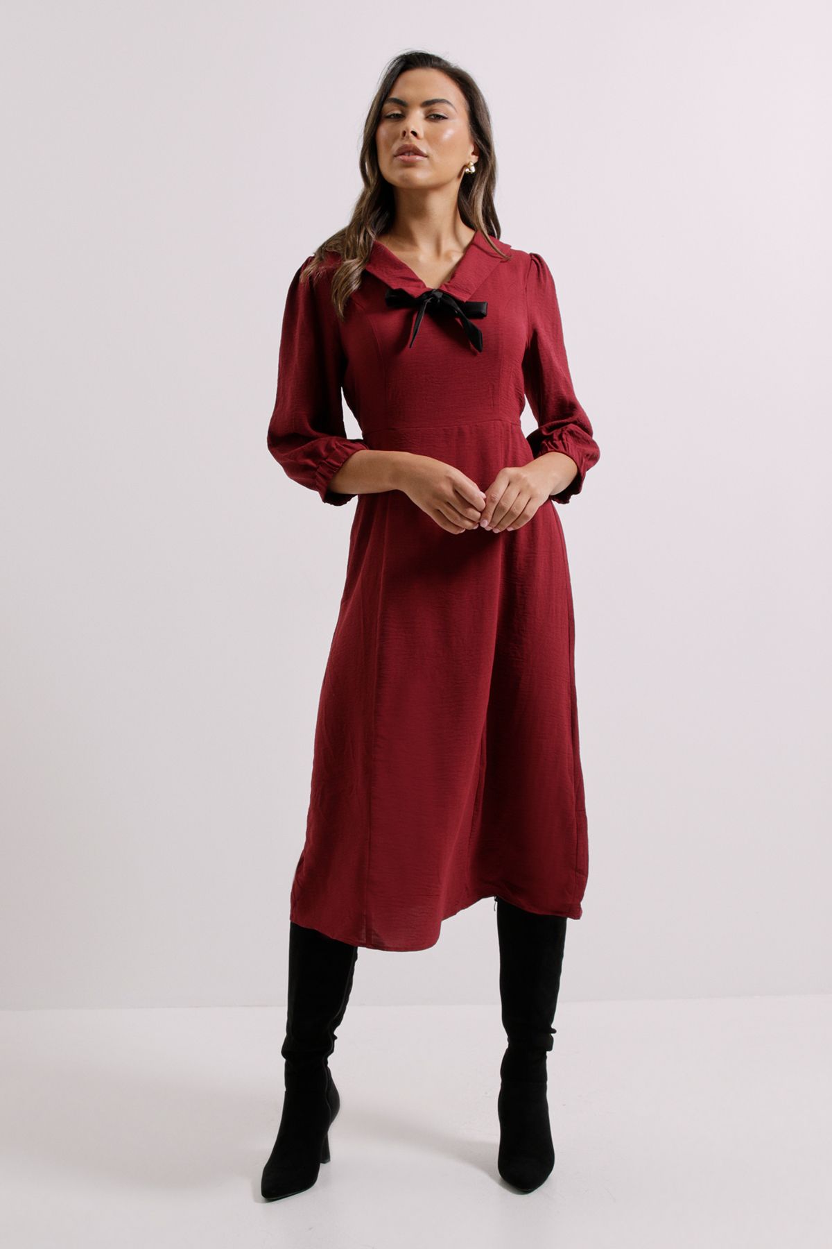 Dorothy Perkins Berry Collar Detail Bow Front Midi Dress Berry image 1