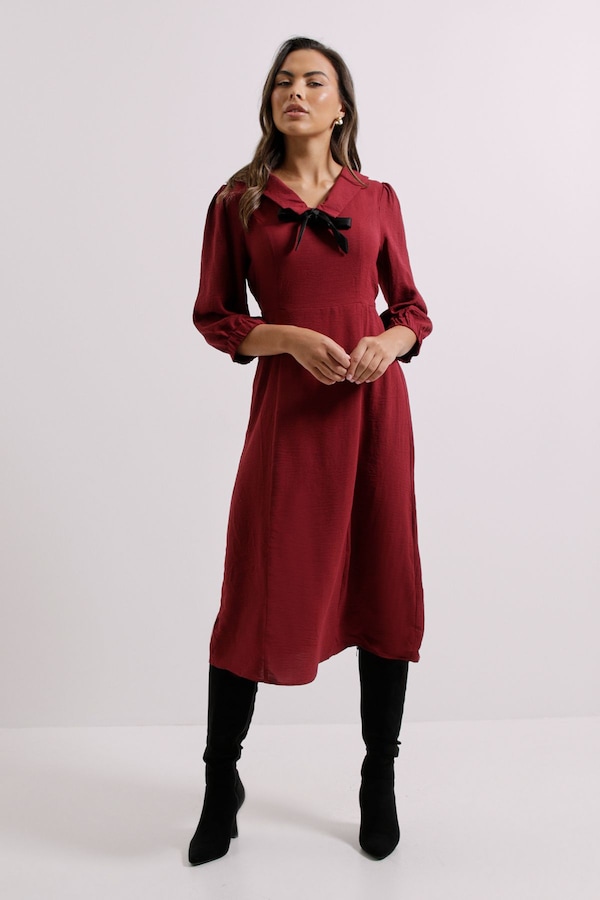 Dorothy Perkins Berry Collar Detail Bow Front Midi Dress Berry