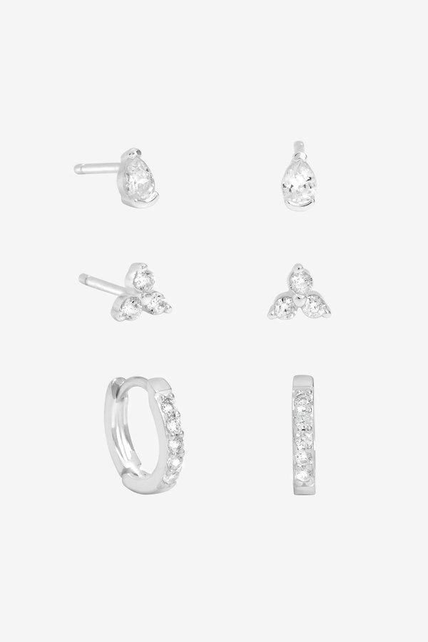 Simply Silver Sterling Silver 925 Cubic Zirconia Stud and Hoop Earrings - Pack of 3