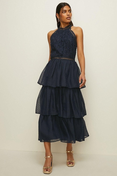 Oasis Lace Tiered Halter Neck Midi Dress Navy