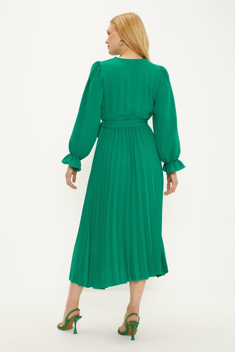 Oasis Belted Wrap Pleated Midi Dress Green image 3