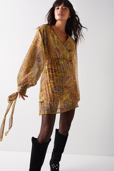 Warehouse Paisley Print V Neck Chiffon Pleated Mini Dress Lime