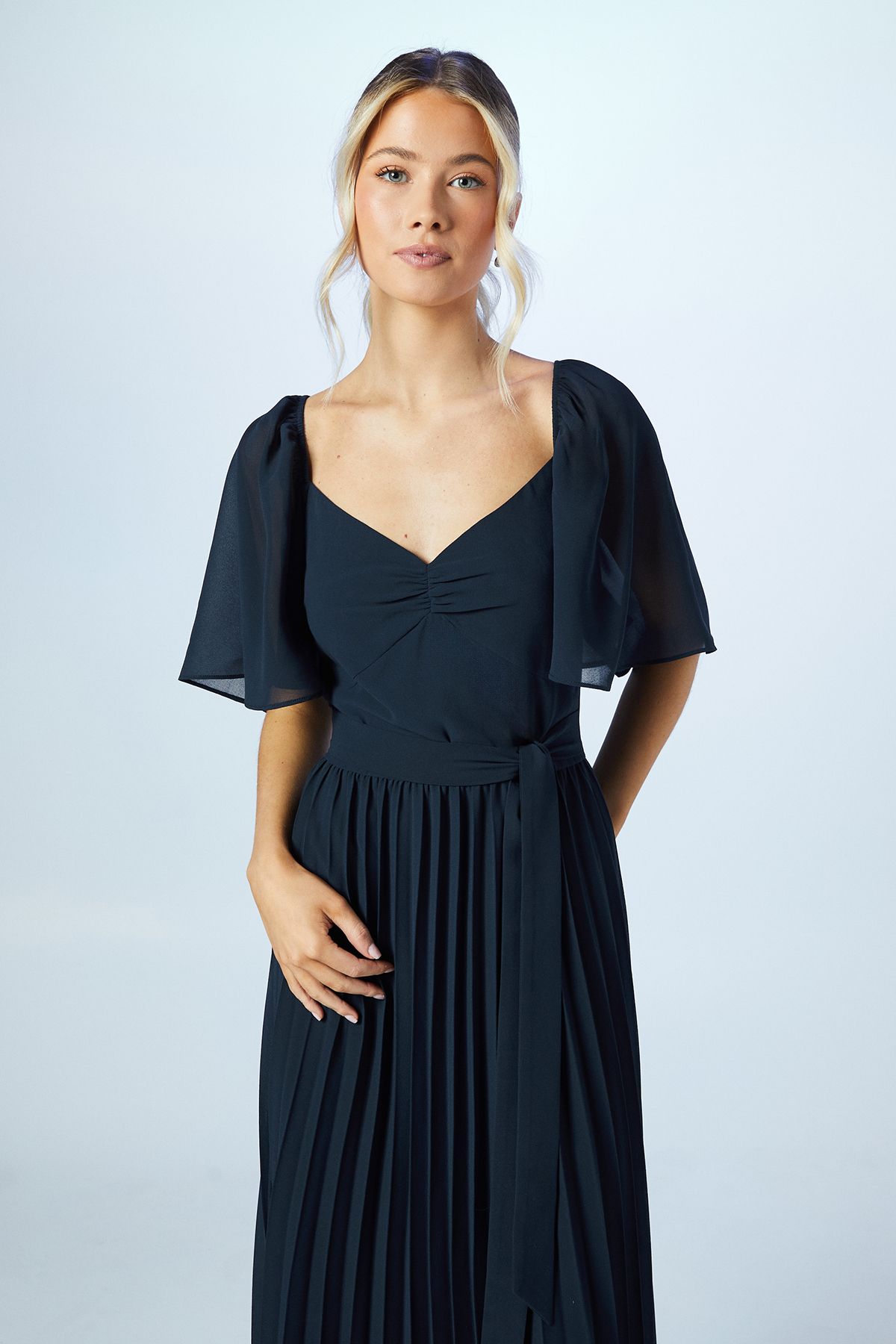 Coast Teen Pleated Georgette Angel Sleeve Bridesmaid Dress Navy image 2